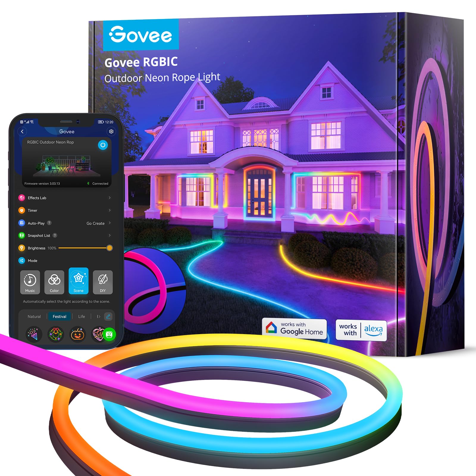 Govee Outdoor Neon Rope Lights, 32.8ft RGBIC IP67 Waterproof Christmas Decorations with 64 Scene Modes, Music Sync, Flexible LED Outdoor Lights, Christmas Lights Work with Alexa, Google Assistant