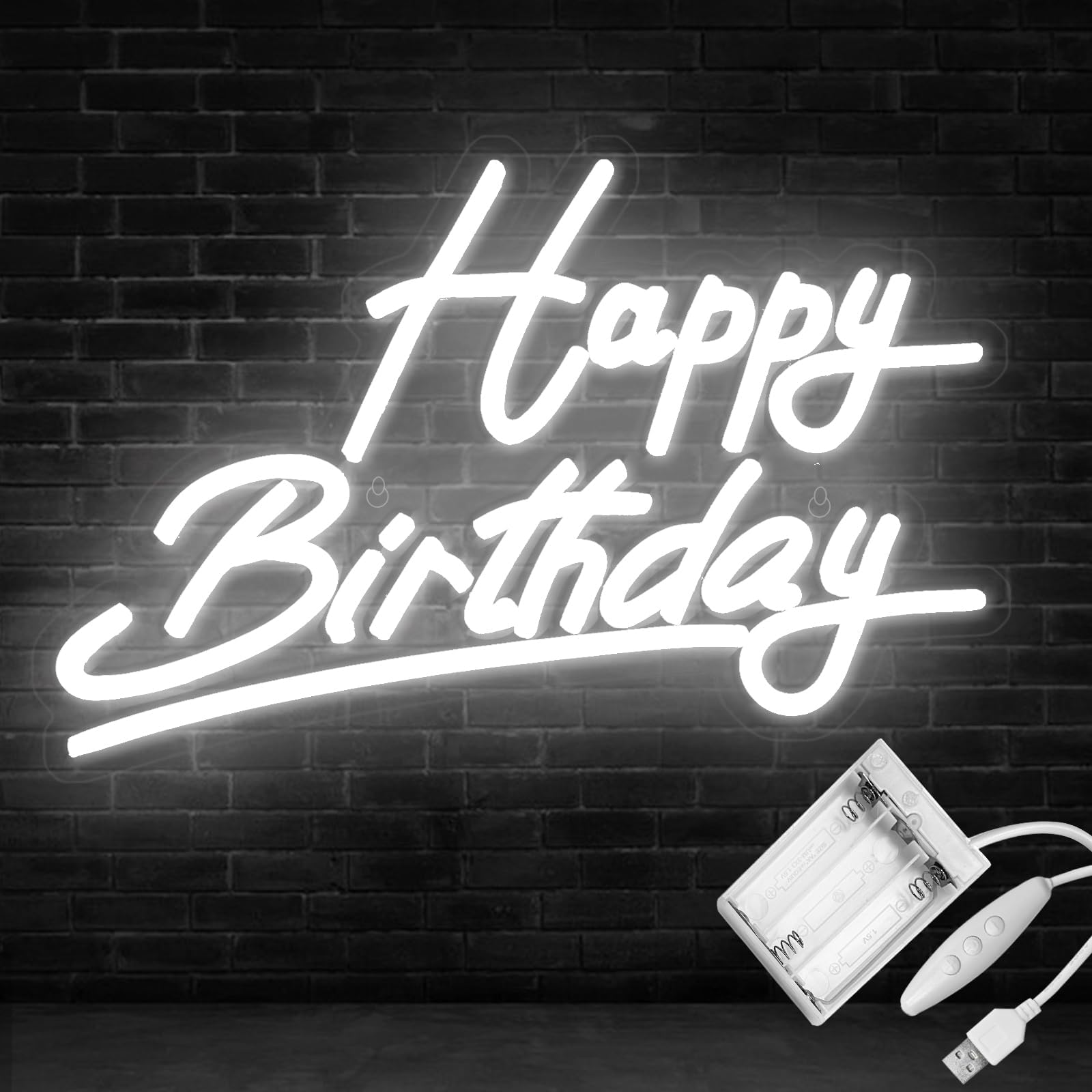Shellvcase Neon Sign - Happy Birthday, Battery Operated, USB Powered, Adjustable Brightness, Acrylic, 15 x 9.6 inches, White