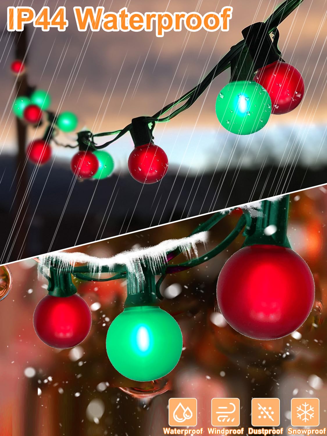 50Ft G40 Vintage Outdoor Christmas Lights - 27 Led Frosted Red-Green Globe Strings (2 Spare), For Patio, Balcony, Roofline, Hous