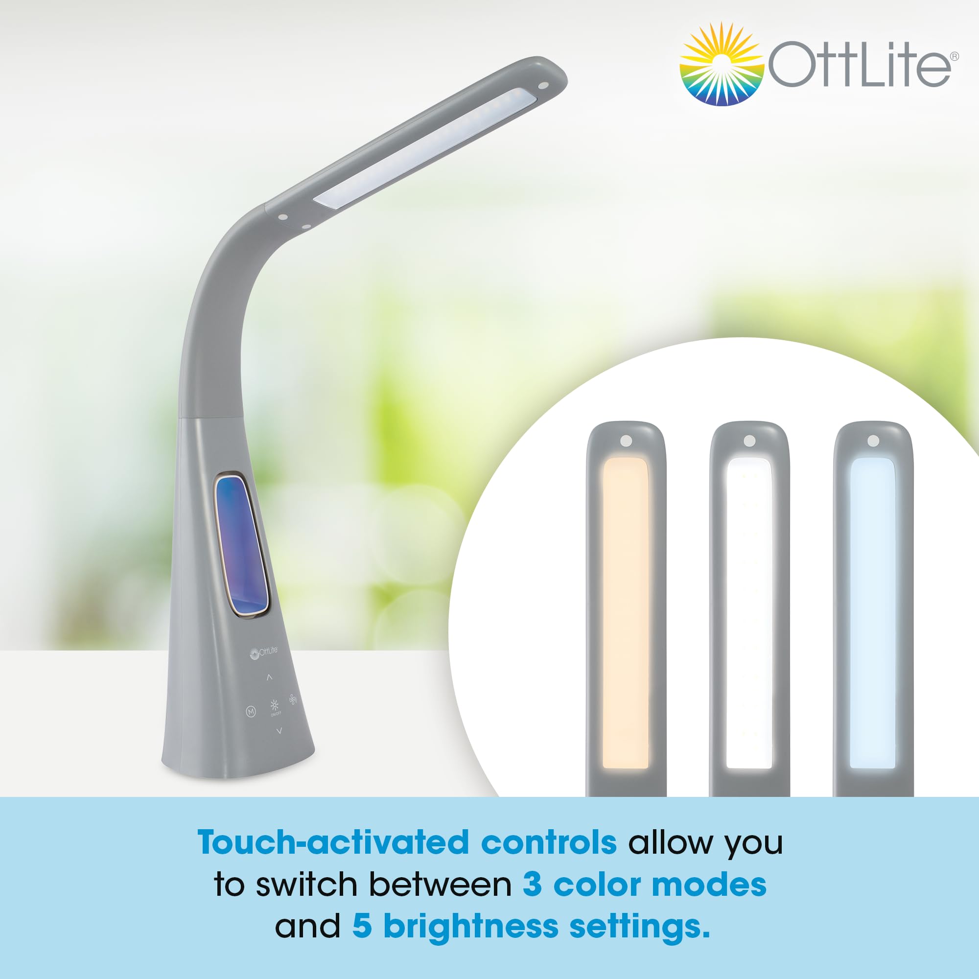 Ottlite Cool Breeze Led Lamp With Fan (Gray) - 3-Speed Bladeless Fan & 5 Brightness Settings With Touch Activated Controls, Ener