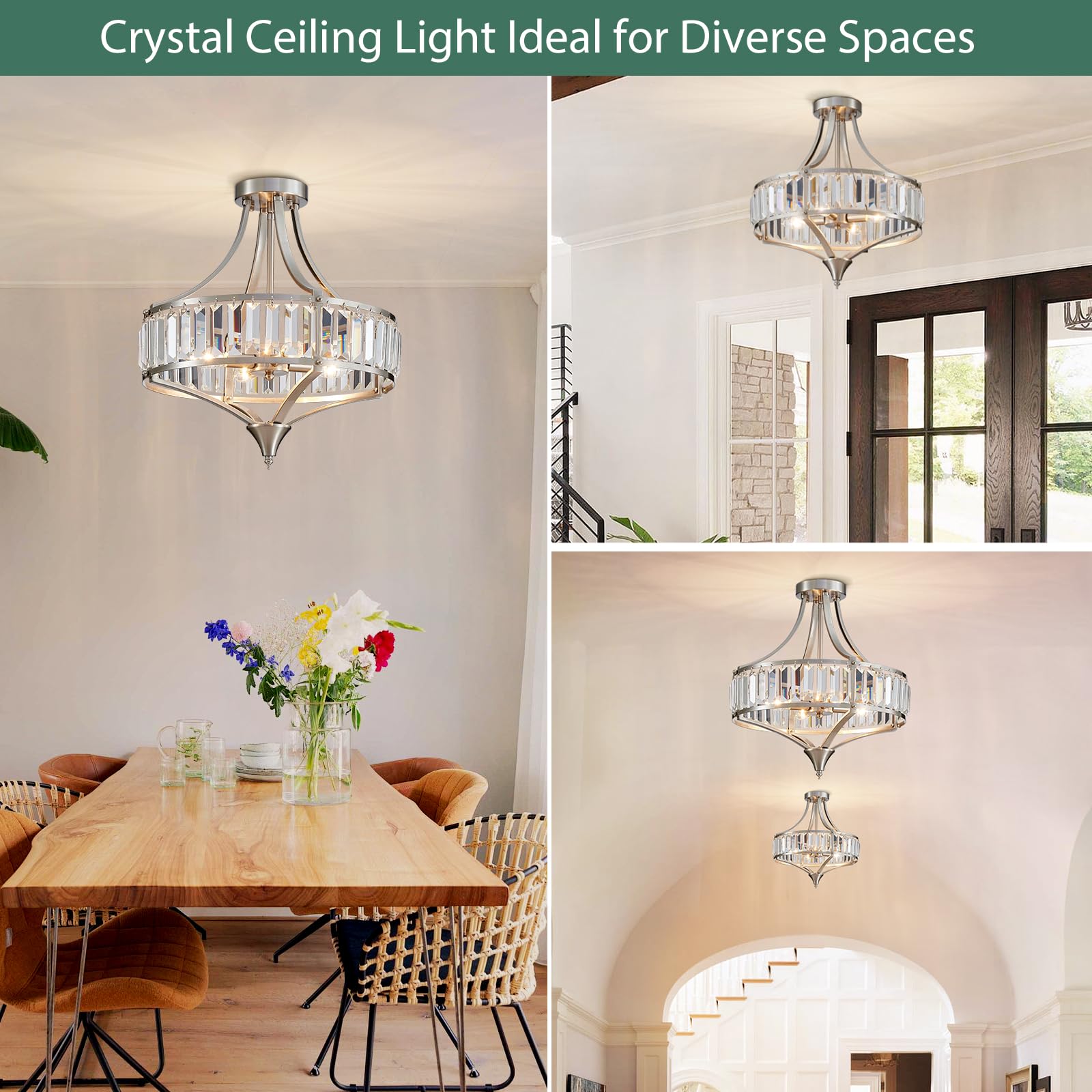 Avzkcy Modern Nickel Chandelier 4-Light Crystal Ceiling Light Fixtures 16 Inches Flush Mount Lamp Suit For Living Room Kitchen I