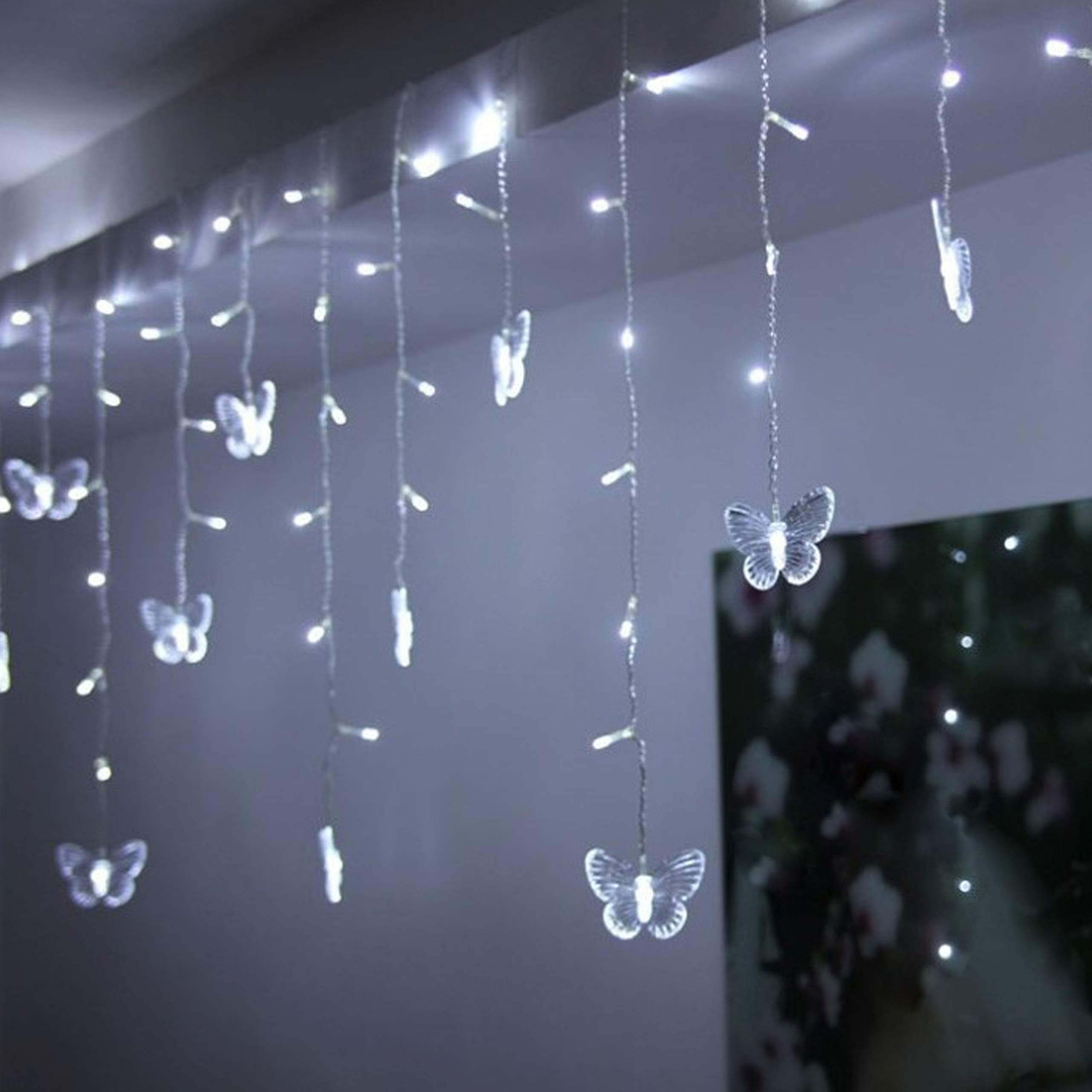 Decorman Butterfly Curtain Lights, 13ft, 96 LED, Cool White, USB, 8 Modes, Model CLD-B-R-001