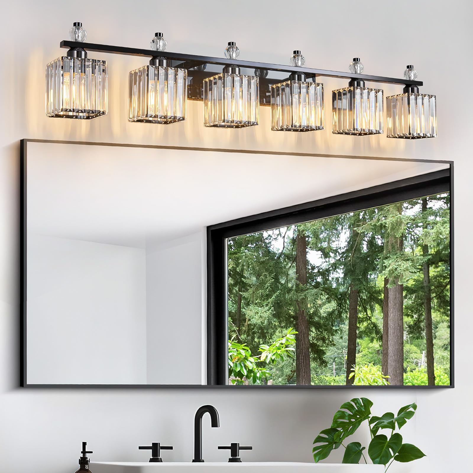 FDPBY 6-Light Crystal Vanity Light Fixtures, Plating Black, Metal, Model 290, Modern Bathroom Lighting Over Mirror
