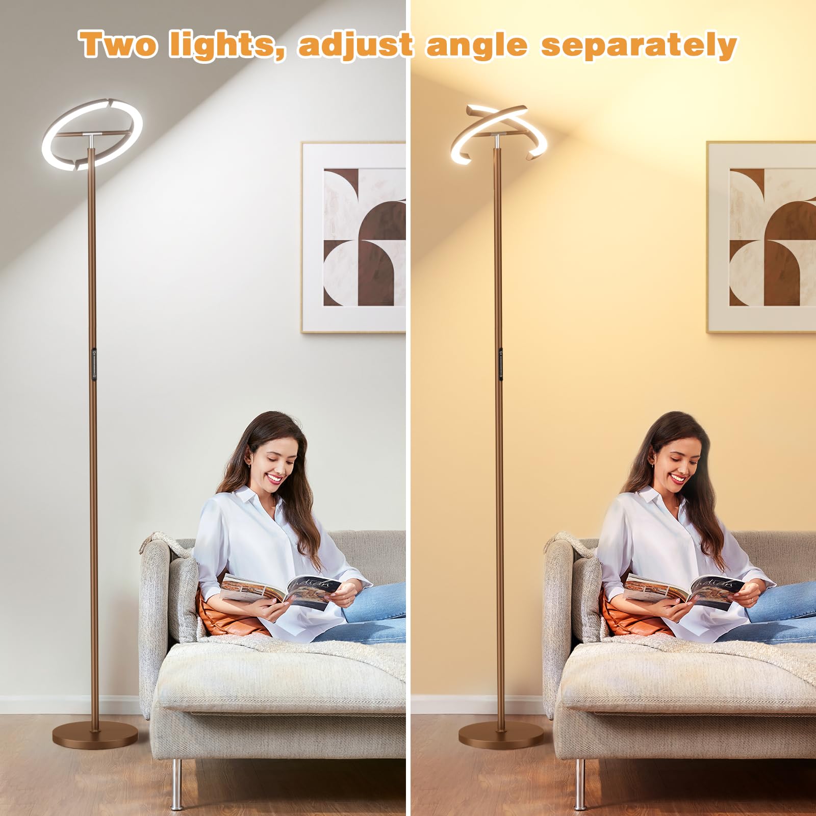 Preeotti Led Floor Lamp - 73.6'' Tall Modernstanding Lamp With 2 Rotatable Lights, Remote & Touch Control, 36W Bright Stepless D