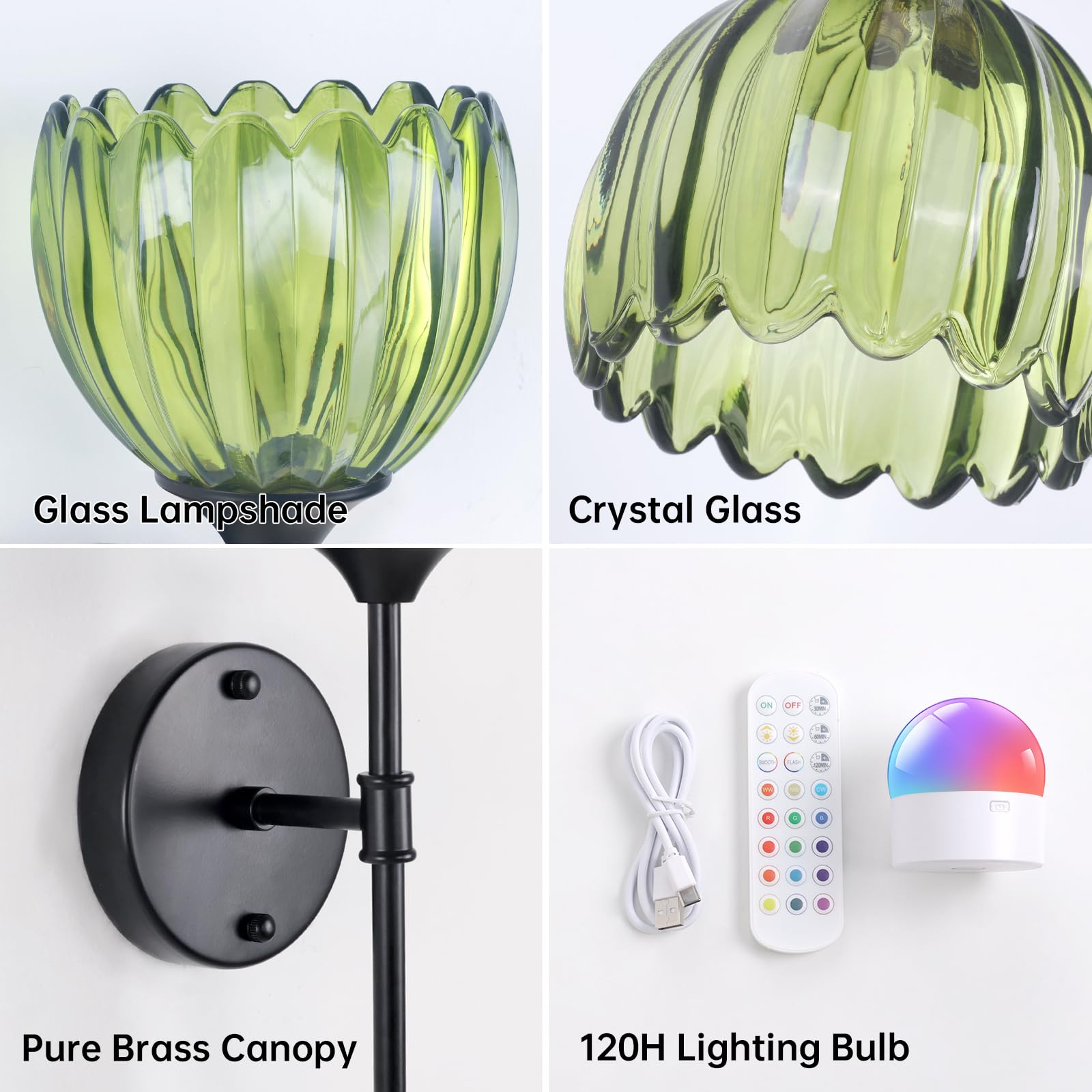 Shenmoyl Battery Operated Wall Sconce Set of 2, Green Tulip Vintage Light Fixture, Rechargeable, Glass, Black