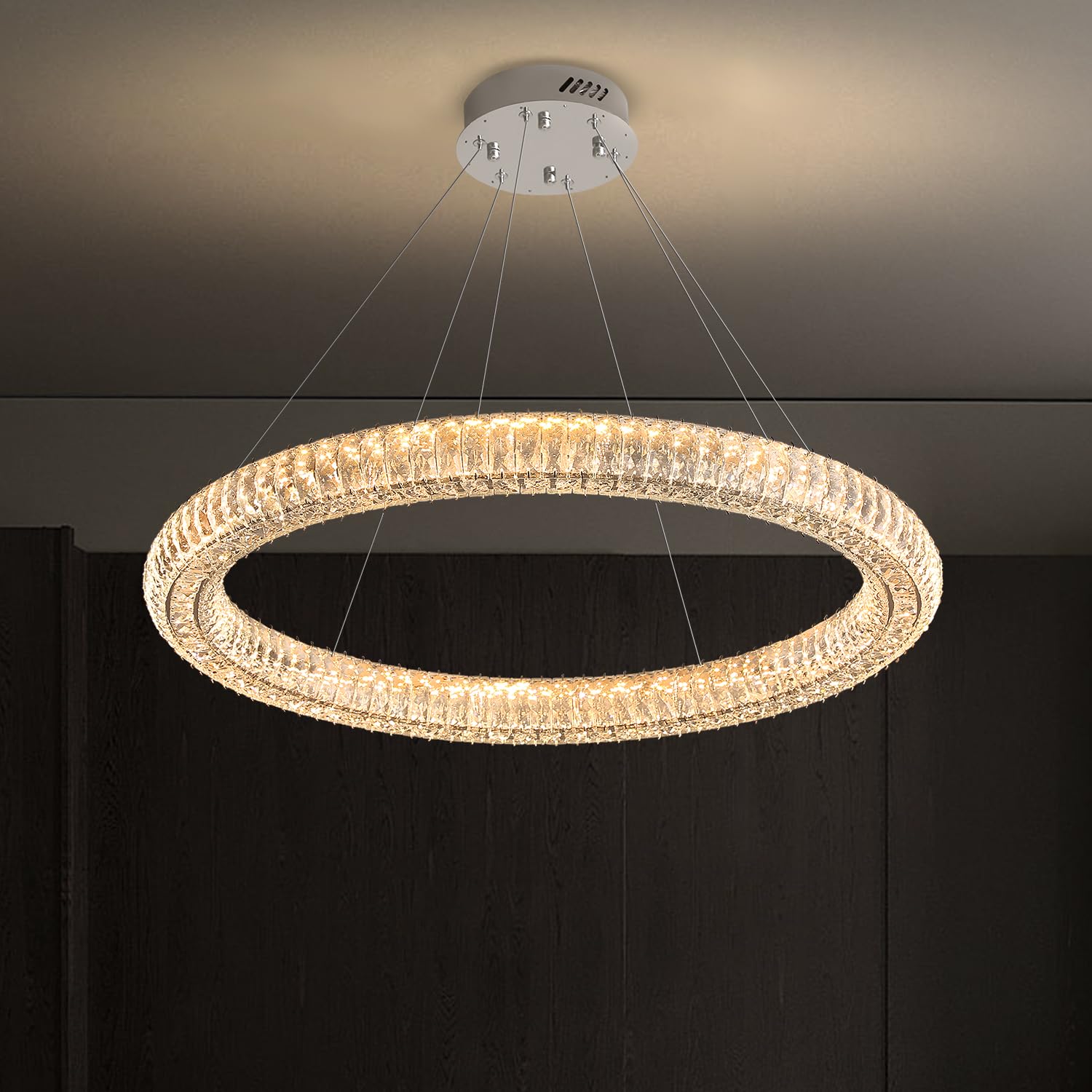 IDEQUY Modern Crystal Chandelier Dimmable LED 39.4'' Ring Pendant Light Adjustable Round Chrome Crystal Chandelier Light Fixture