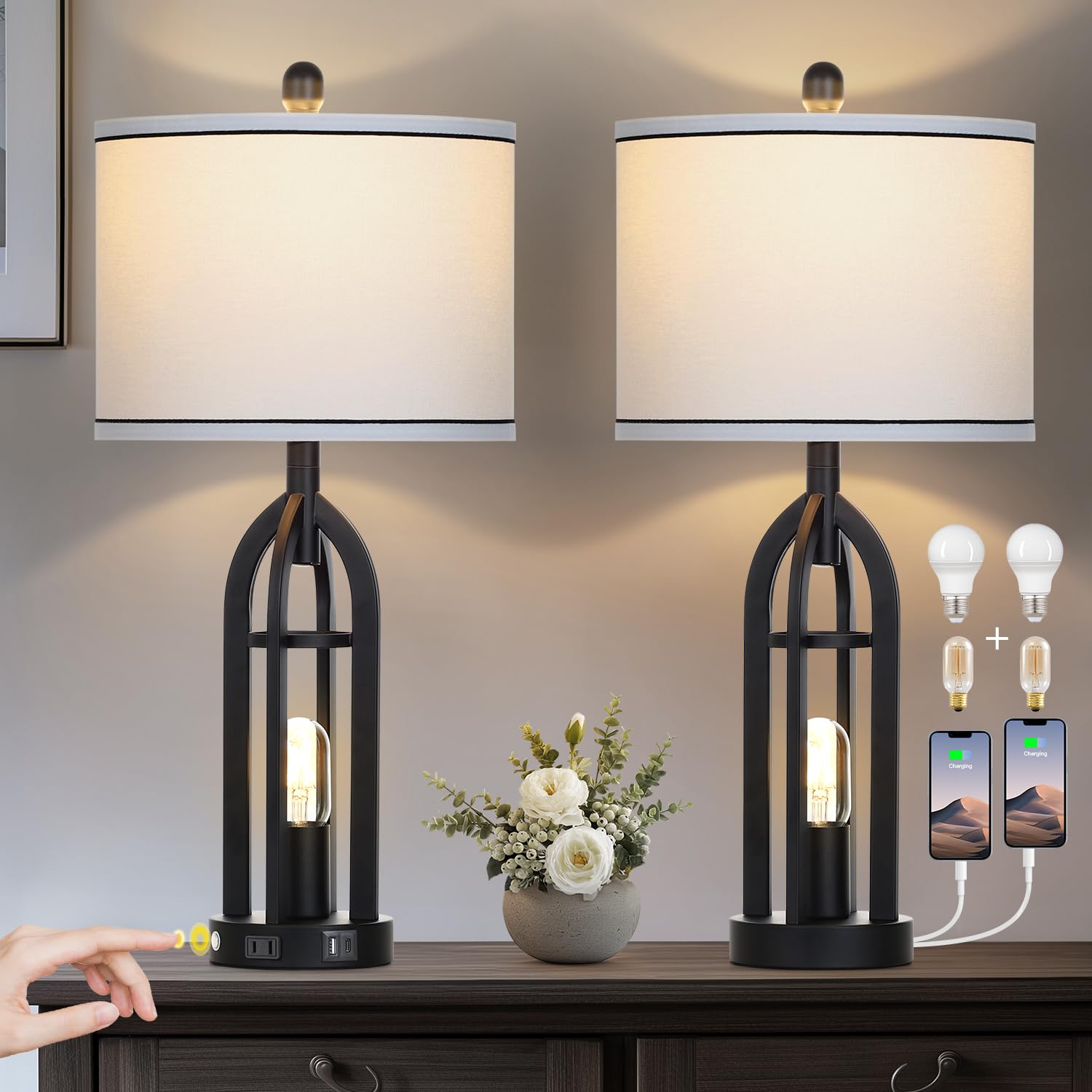 27'' Black Table Lamp for Living Room,Black Table Lamps Set of 2 with USB & AC Outlet, 3-Way Dimmable Farmhouse Lamps for Night 