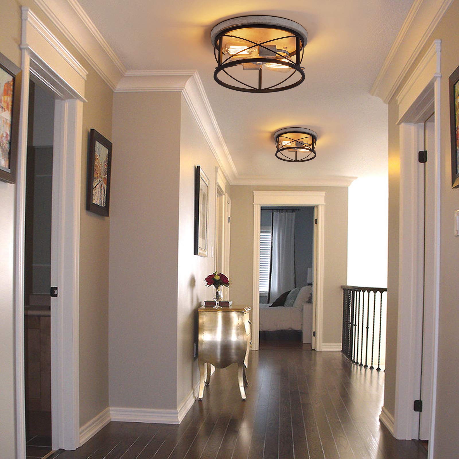 Q&S Flush Mount Ceiling Light Fixture Farmhouse Rustic Oak White And Orb Lighting For Hallway Entryway Kitchen Dining Room Bedro