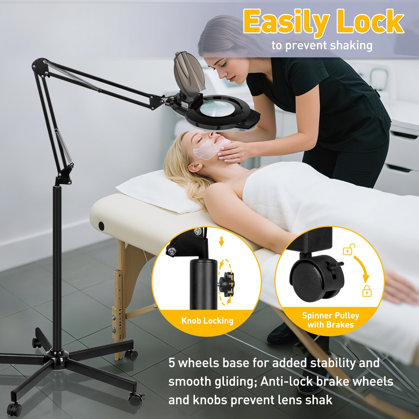 NUEYiO 10X Magnifying Glass Floor Lamp, 2200 Lumens Dimmable, Black, 5 Wheels Rolling Base, Ideal for Estheticians and Crafts