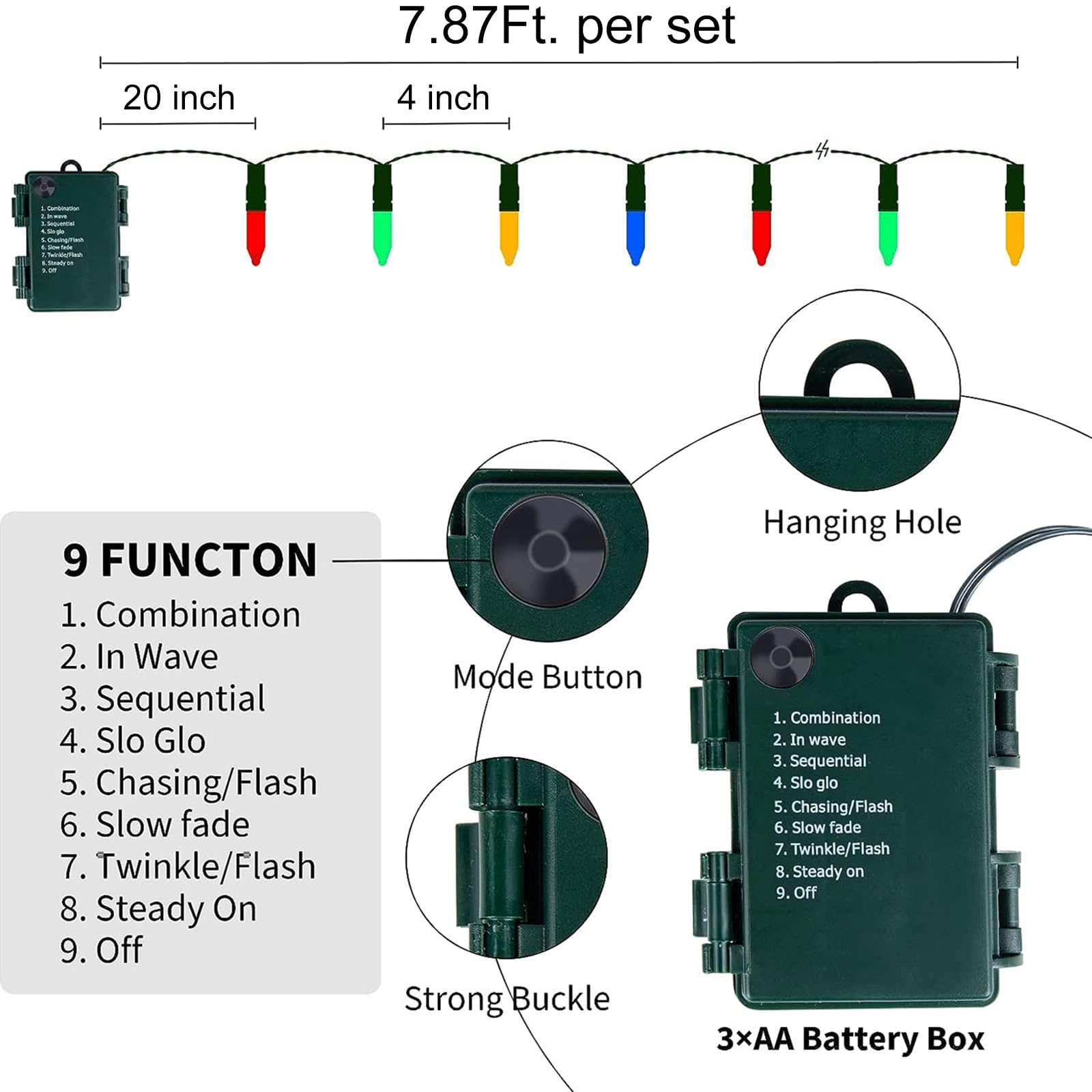 Brightown Christmas Lights - 20 LED String Lights, 8 Modes, Waterproof, 4 Pack, 8 Feet, Multicolor, Battery Operated