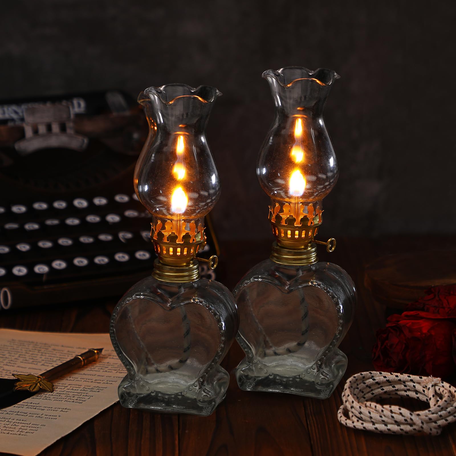 Yexiya 2 Pieces Rustic Oil Lamp Lantern Large Classic Kerosene Lamp Vintage Glass Kerosene Lamp Chamber Oil Lamps With 6.6 Ft Extra Oil Lamp Wick For Indoor Use Home Decor Lighting (Heart)