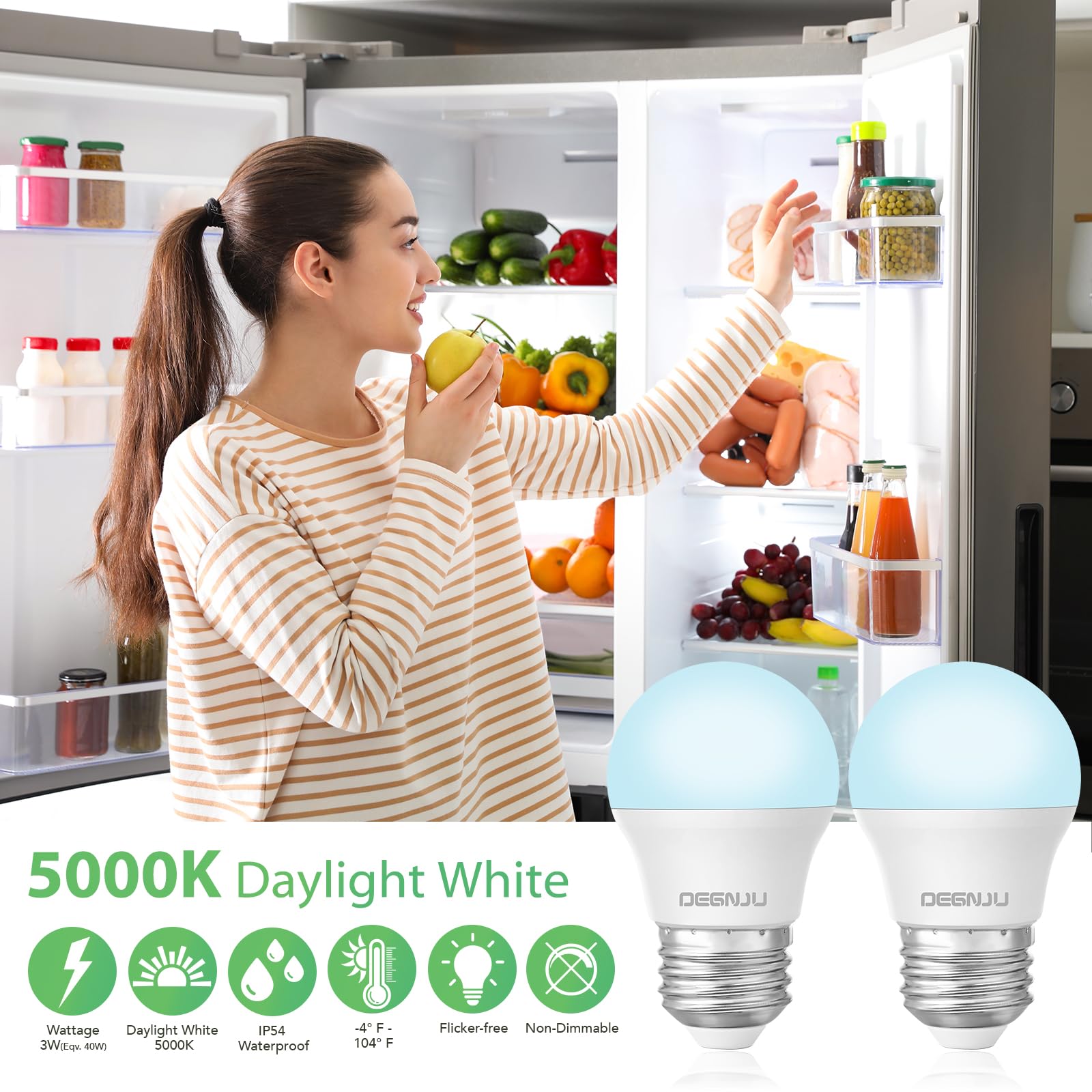 DEGNJU LED Refrigerator Light Bulb, 40W Equivalent, 5000K Daylight White, A15, E26 Base, 4 Pack