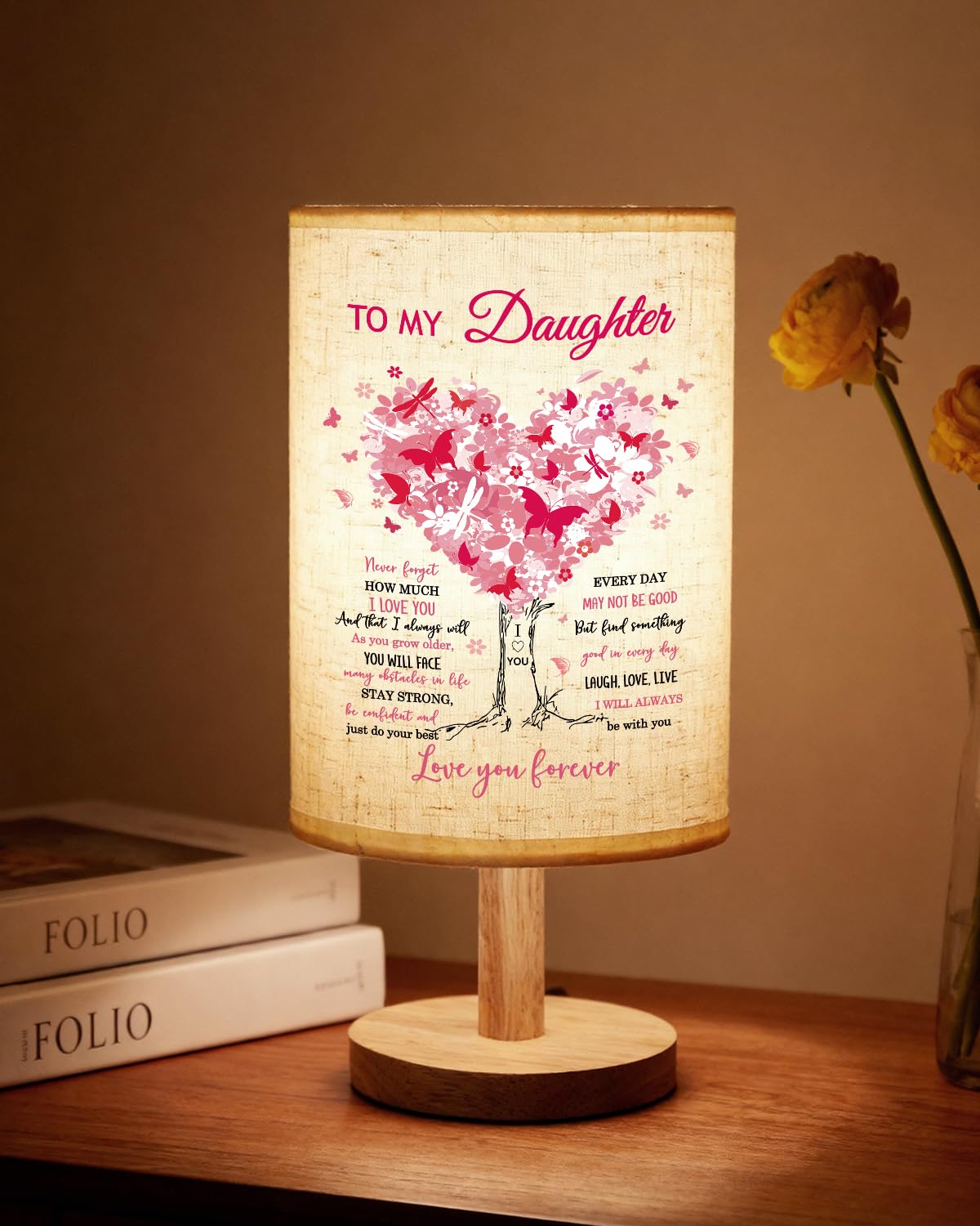 Calibron Daughter Gifts from Mom, Daughter Vaentines Day Gifts Fabric Lamp, Birthday Gift for Daughter Table Lamp with Wooden St
