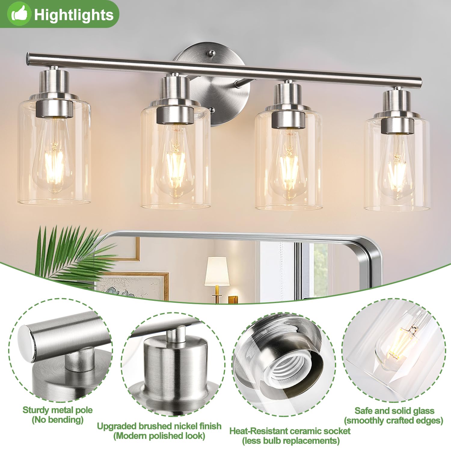 4-Light Bathroom Light Fixtures, Brushed Nickel Modern Vanity Lights Over Mirror With Clear Glass Shade, Bathroom Wall Lamp For