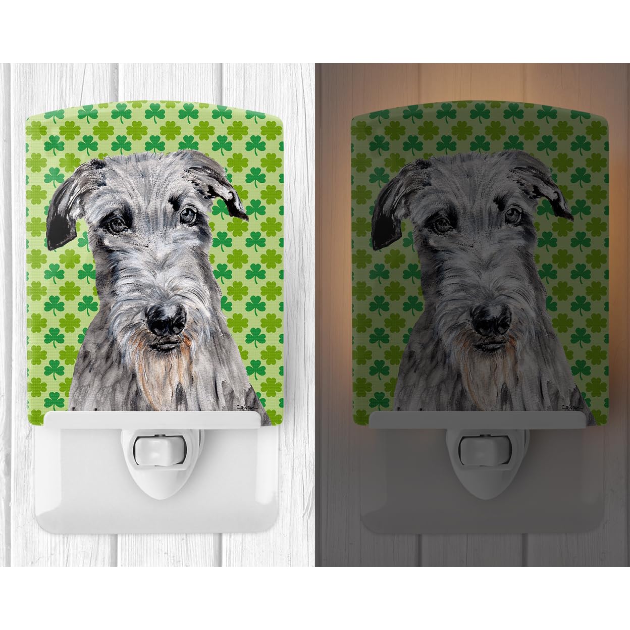 Caroline'S Treasures Sc9730Cnl Scottish Deerhound Lucky Shamrock St. Patrick'S Day Ceramic Night Light Compact, Ul-Certified, Ideal For Bedroom, Bathroom, Nursery, Hallway, Kitchen, 6X4X3, Multicolor