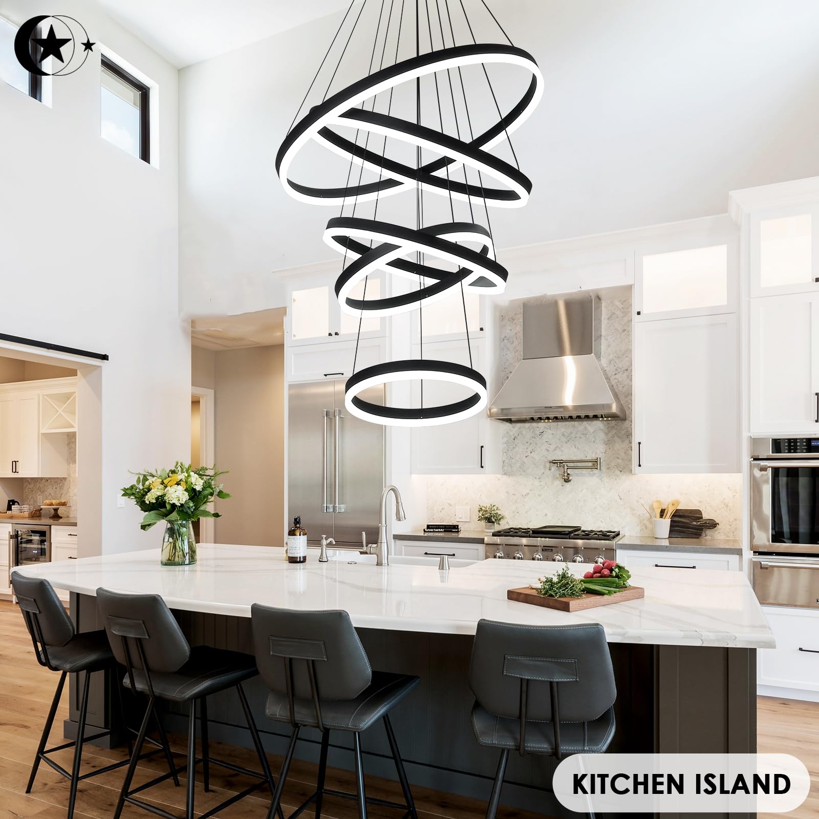 XGZL · LIGHTING 5-Rings Modern LED Chandelier, Black, Dimmable, Remote Control, 3000K-6500K, Medium Size for Dining Room, F
