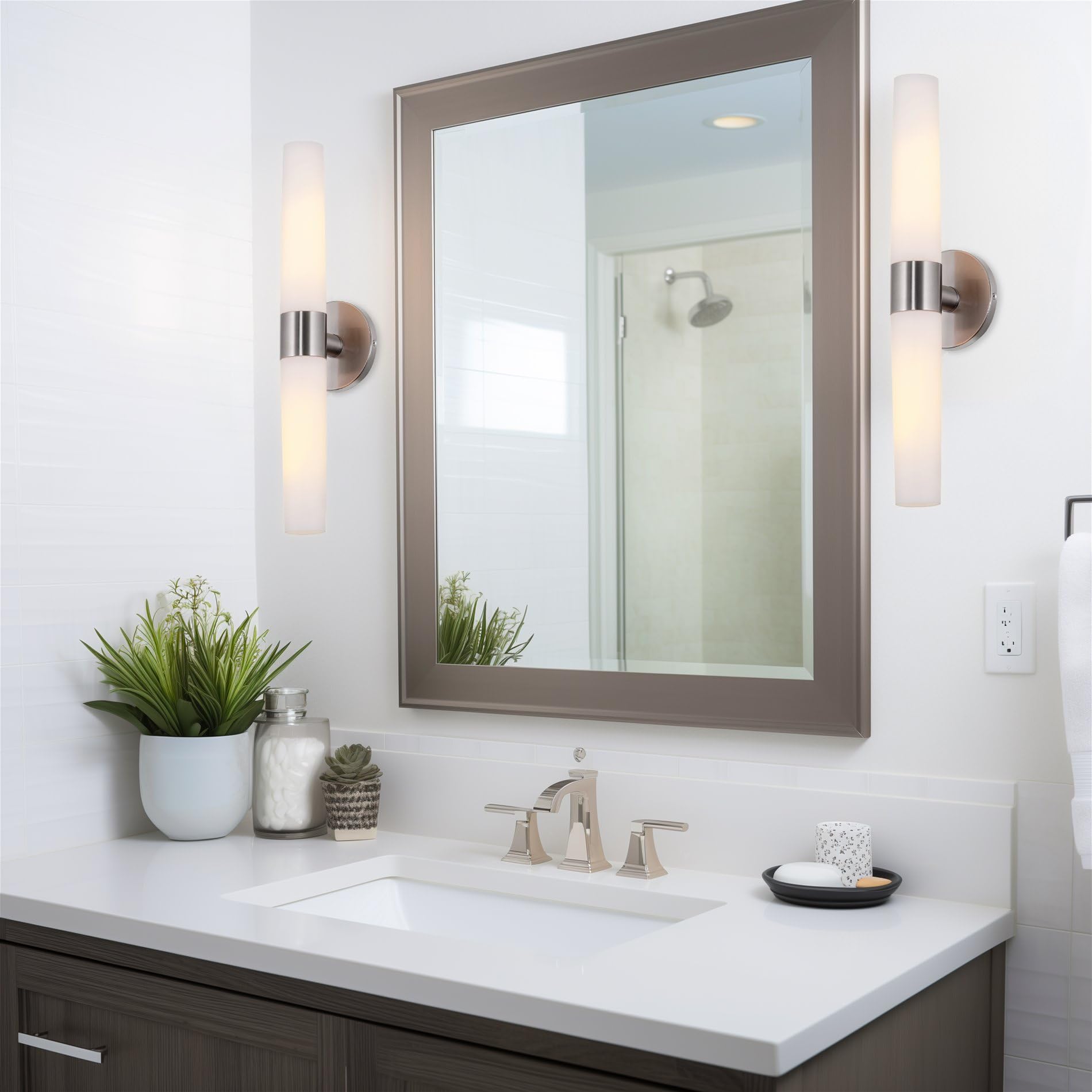 Kira Home Duo 21in Modern Wall Sconce, Frosted Opal Glass, Brushed Nickel Finish, Model RV-W131-1747-BN