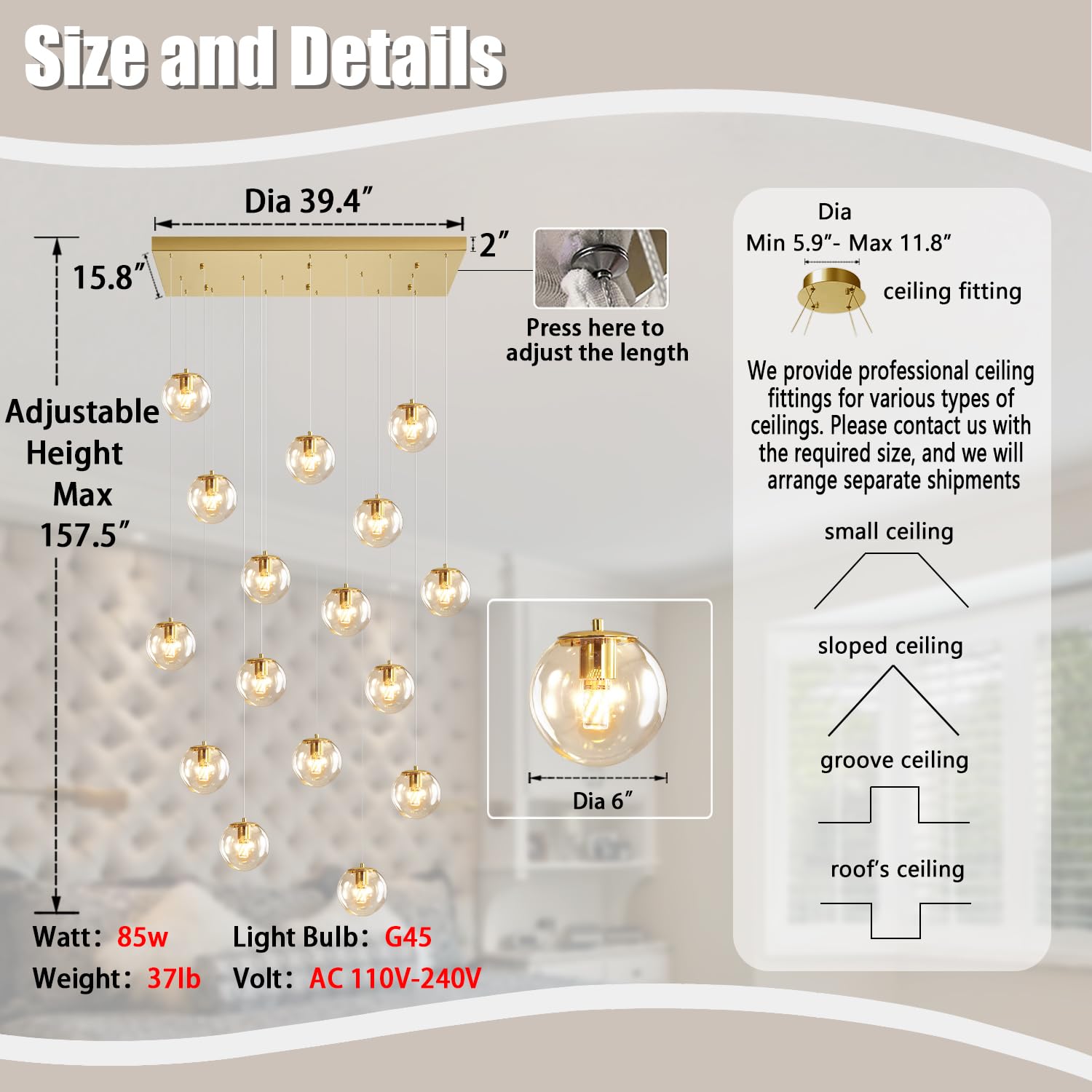 Glass Chandelier Led Modern Gold Pendant Light Globe Glass Ceiling Light 16-Lights Glass Ball Chandeliers For Staircase Living R