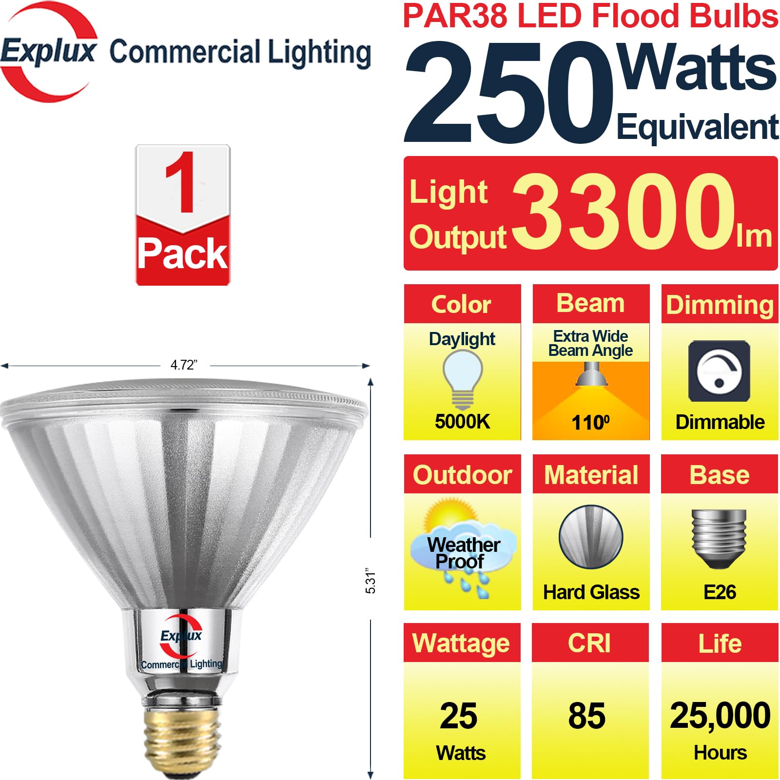 Explux PAR38 LED Flood Light Bulbs, 250W Equivalent, 3300 Lumens, Dimmable, Waterproof, 5000K Daylight, 1 Pack