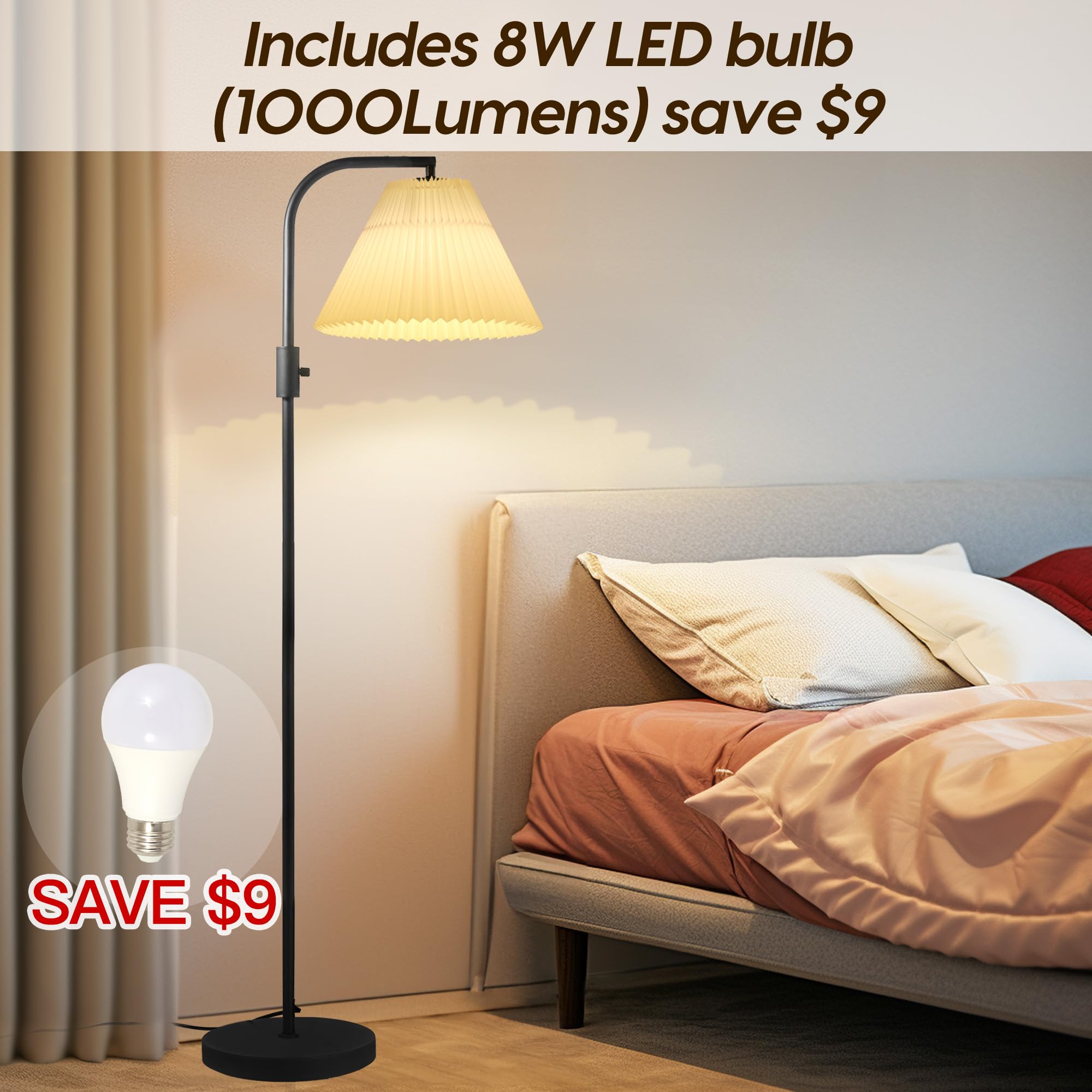 COFF Dimmable Arc Floor Lamp with 1000 Lumens LED Edison Bulb, Modern Tall Pole Lamp for Living Room, Bedroom, Office - White