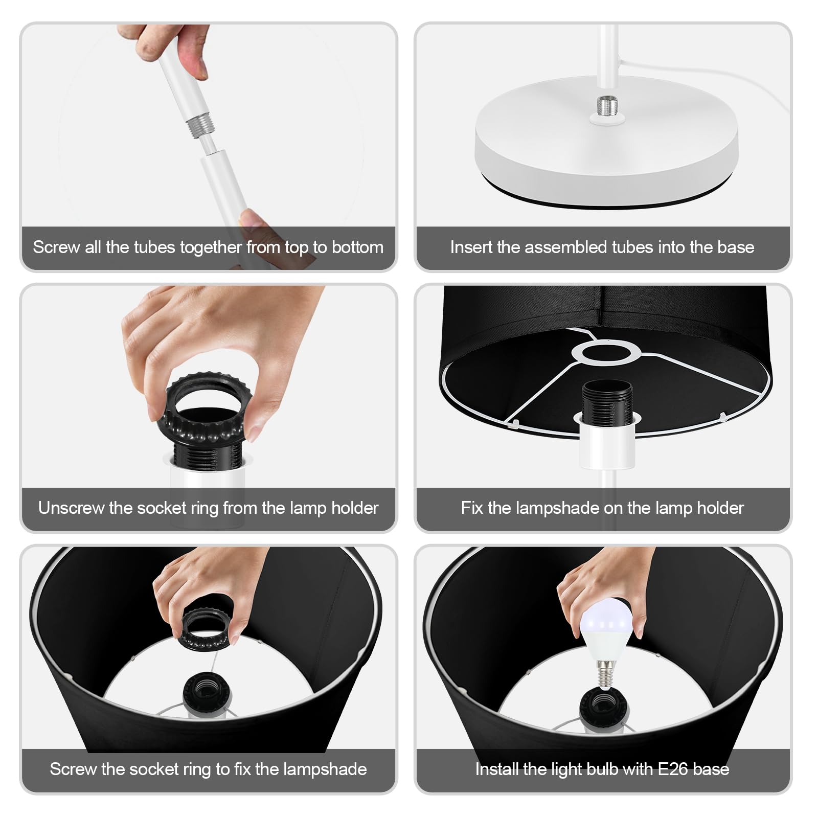 Floor Lamp White  Standing Lamp  58  Tall Floor Lamp With Black Lampshade  Foot Pedal Switch  Modern Bright Floor Lamps For Living Room/Bedroom/Classroom/Kids Room  White Lamp For Girls  Gift(No Bulb)