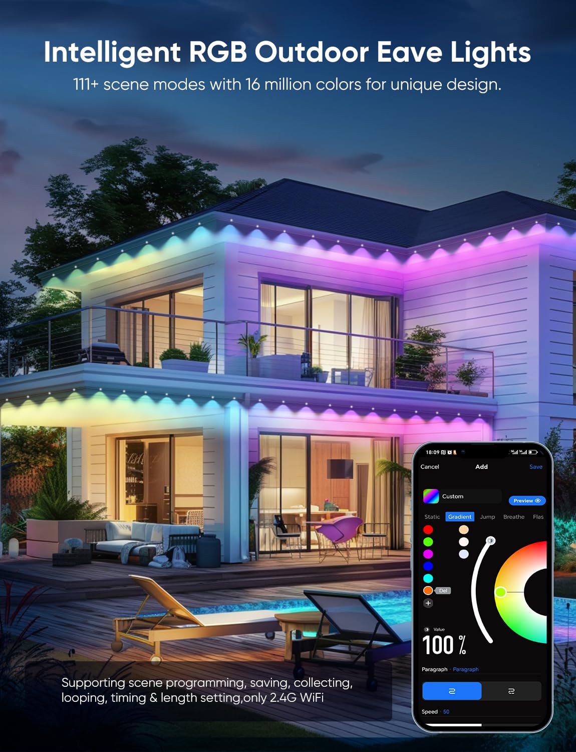 Permanent Outdoor Lights 150Ft Rgbw Eaves Light With 108 Led Lights 111+ Scenes Modes Outdoor Lighting  Waterproof Permanent Light For Daily Holiday Halloween Decorations  Compatible With Alexa White