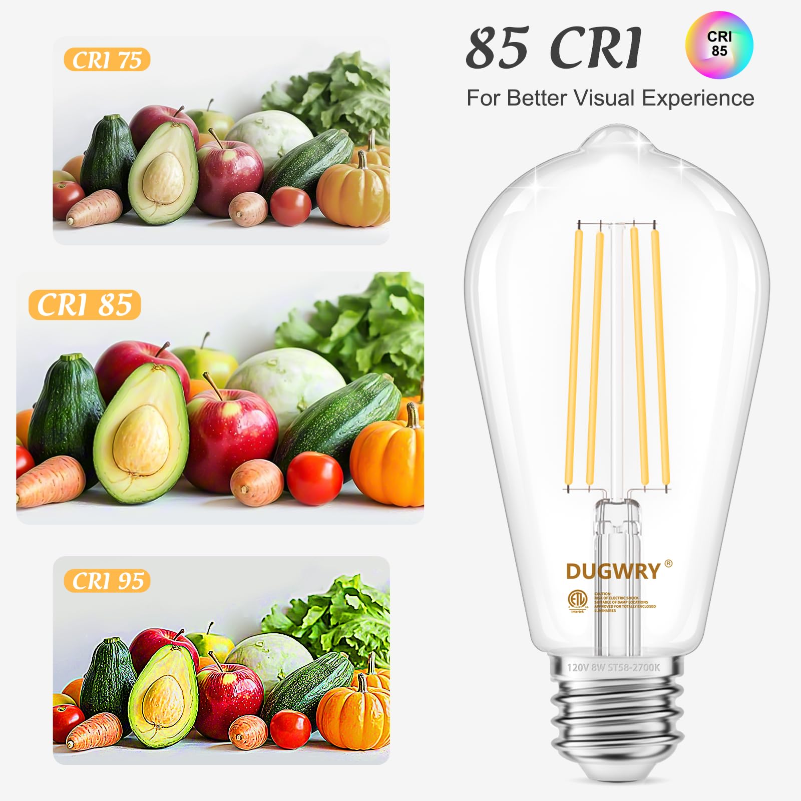 Dugwry 12 Pack Vintage Led Edison Bulbs, Dimmable E26 Led Bulb Equivalent 60W, 2700K Warm White,800Lm,8 W St58 Antique Led Filam