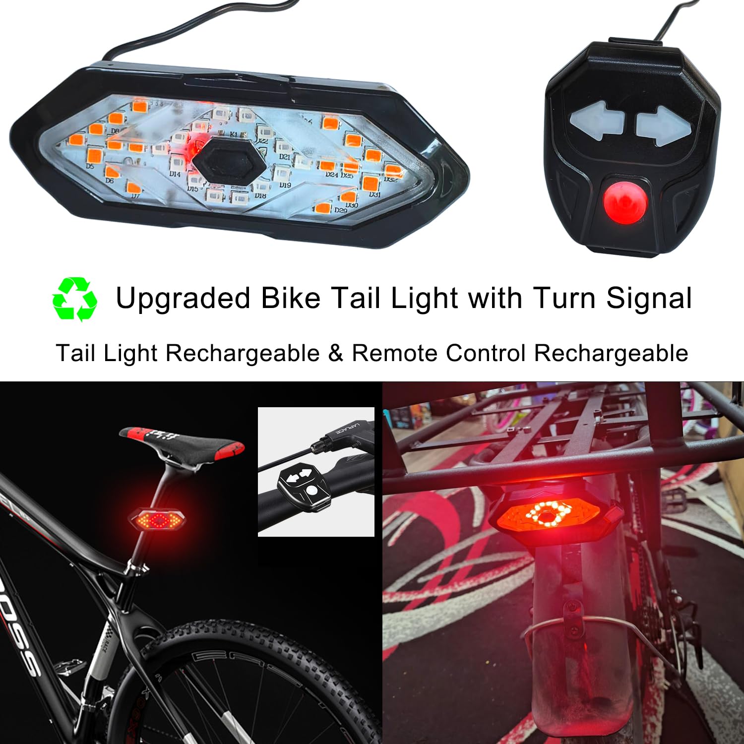 JHMUERN Upgraded Bike Tail Light with Turn Signal Bicycle Rear Light with Remote Control and Horn for Night Riding (Rechargeable
