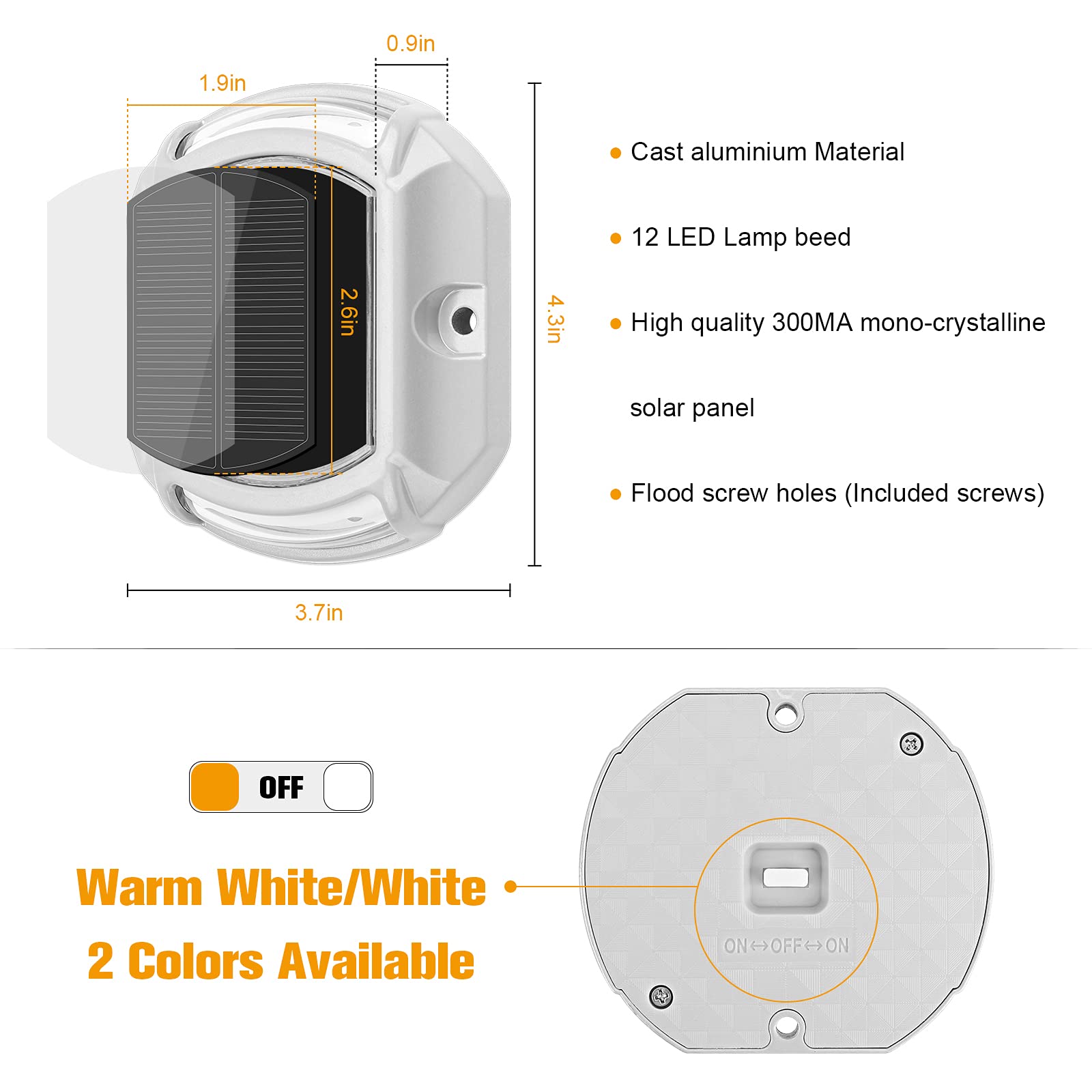 VOLISUN Solar Driveway Lights 12 Pack, Waterproof Outdoor Step Lights, Anti-rust Aluminium, White/Warm White, Model 21022ZM
