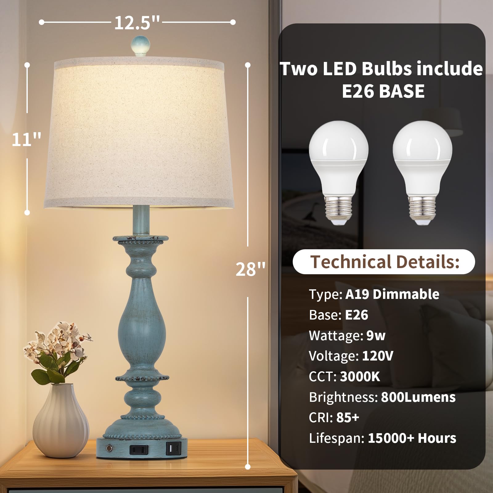 Cinsary 28'' Tall Coastal Table Lamps For Living Room Set Of 2, Farmhouse Rustic Blue Bedside Touch Lamp With Usb C+A Ports & Ou