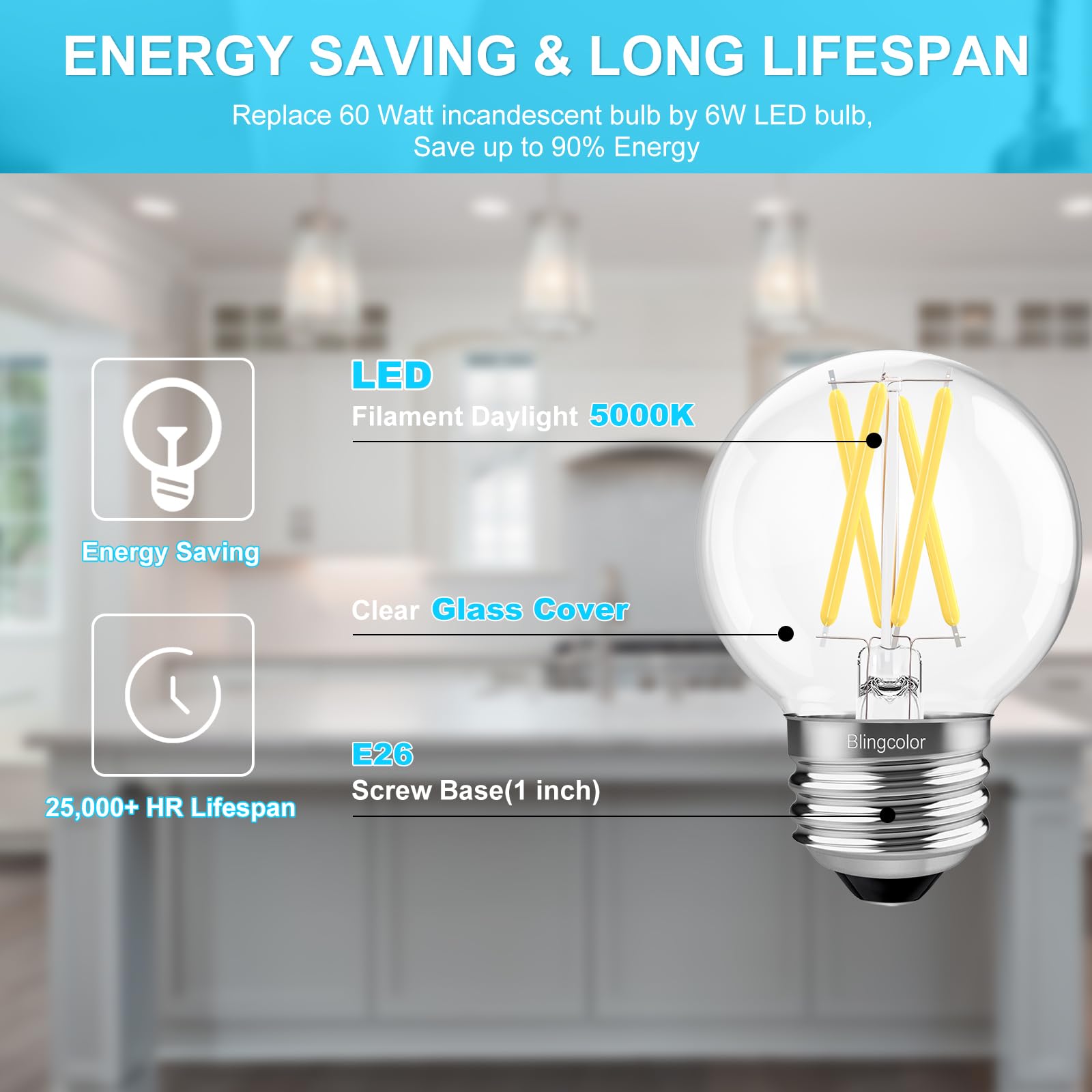 BLINGCOLOR 6W E26 LED Light Bulbs - 6 Pack Dimmable G16.5, Daylight 5000K, Glass, 600lm, CRI80+,