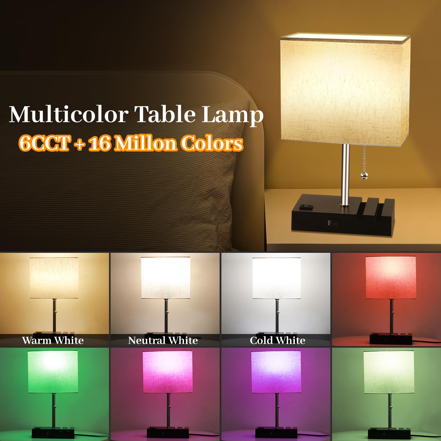 Smart Rgb Dimmable Table Lamp Compatible With Alexa&App&Remote Control, Bedside Desk Lamp With Charging Ports&Outlet&Phone Stand