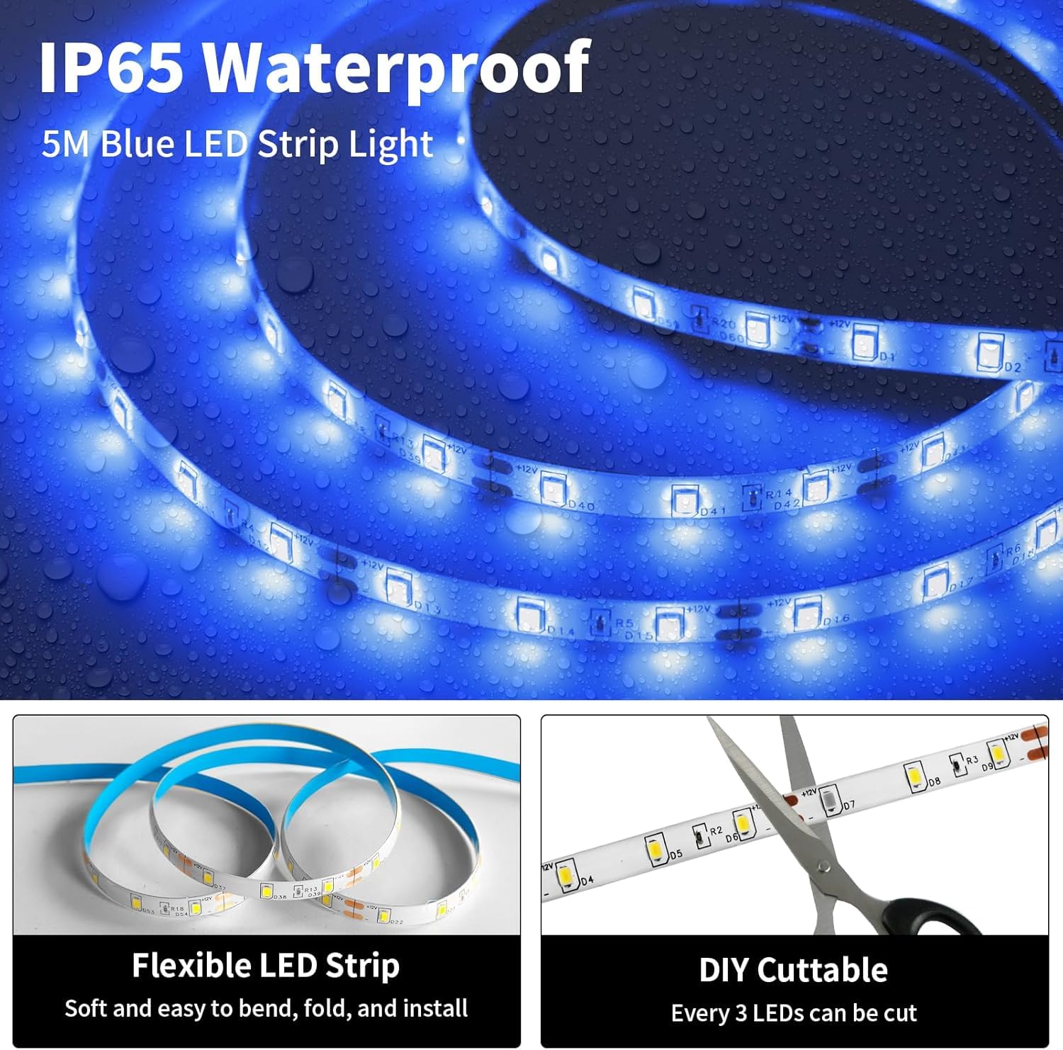 iNextStation Blue LED Strip Light 16.4ft 300 LEDs 12V Flexible Tape Light for Bedroom Kitchen Cabinet Wardrobe TV
