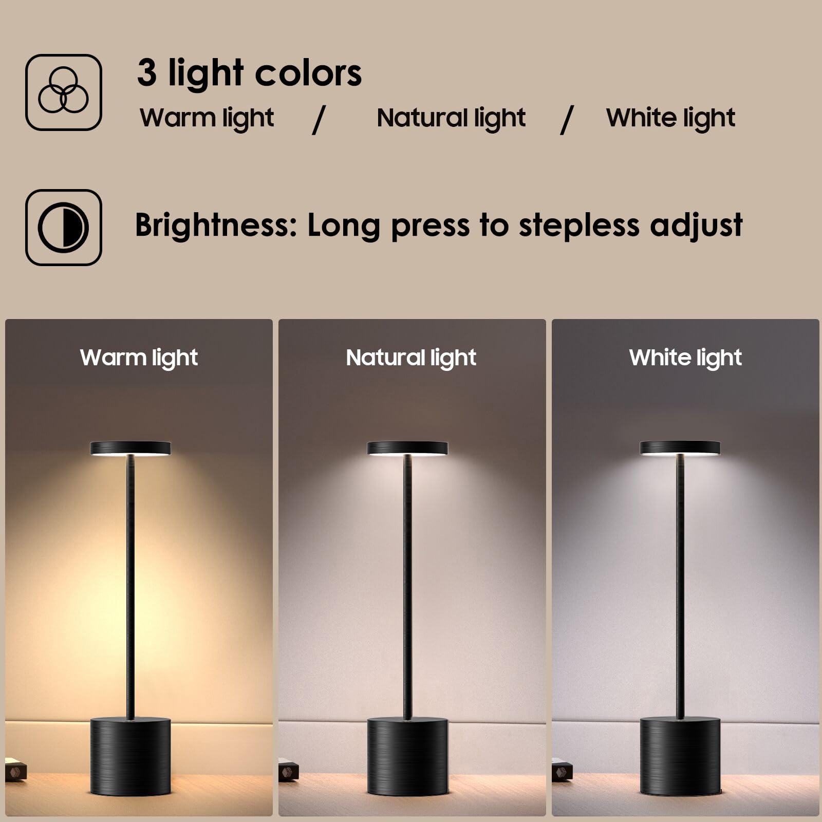 JALVDE Cordless Table Lamp, 3-Levels Stepless Dimming, 13.5 inches, Aluminum, 2X Brushed Black, Model 203-JAL-001