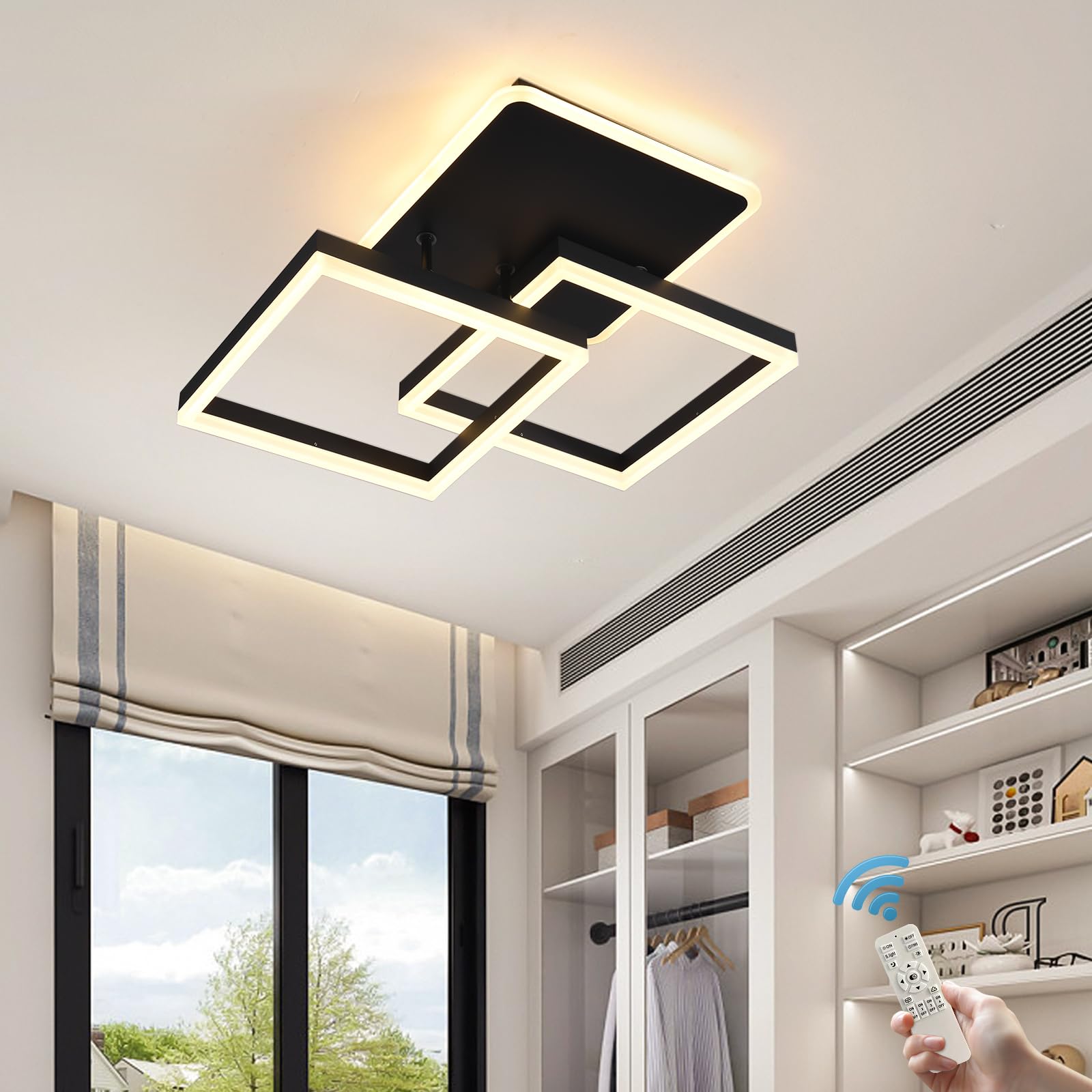 Garwarm Modern Ceiling Lights,Dimmable Led Flush Mount Ceiling Lamp With Remote Control,Black Acrylic Leaf Ceiling Light Fixture