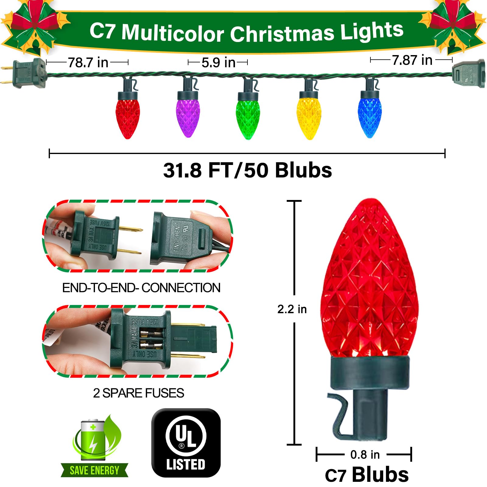 50 LED C7 Christmas Lights, 31.8FT C7 Christmas Strawberry String Lights Vintage Christmas LED String Lights Plug in Waterproof