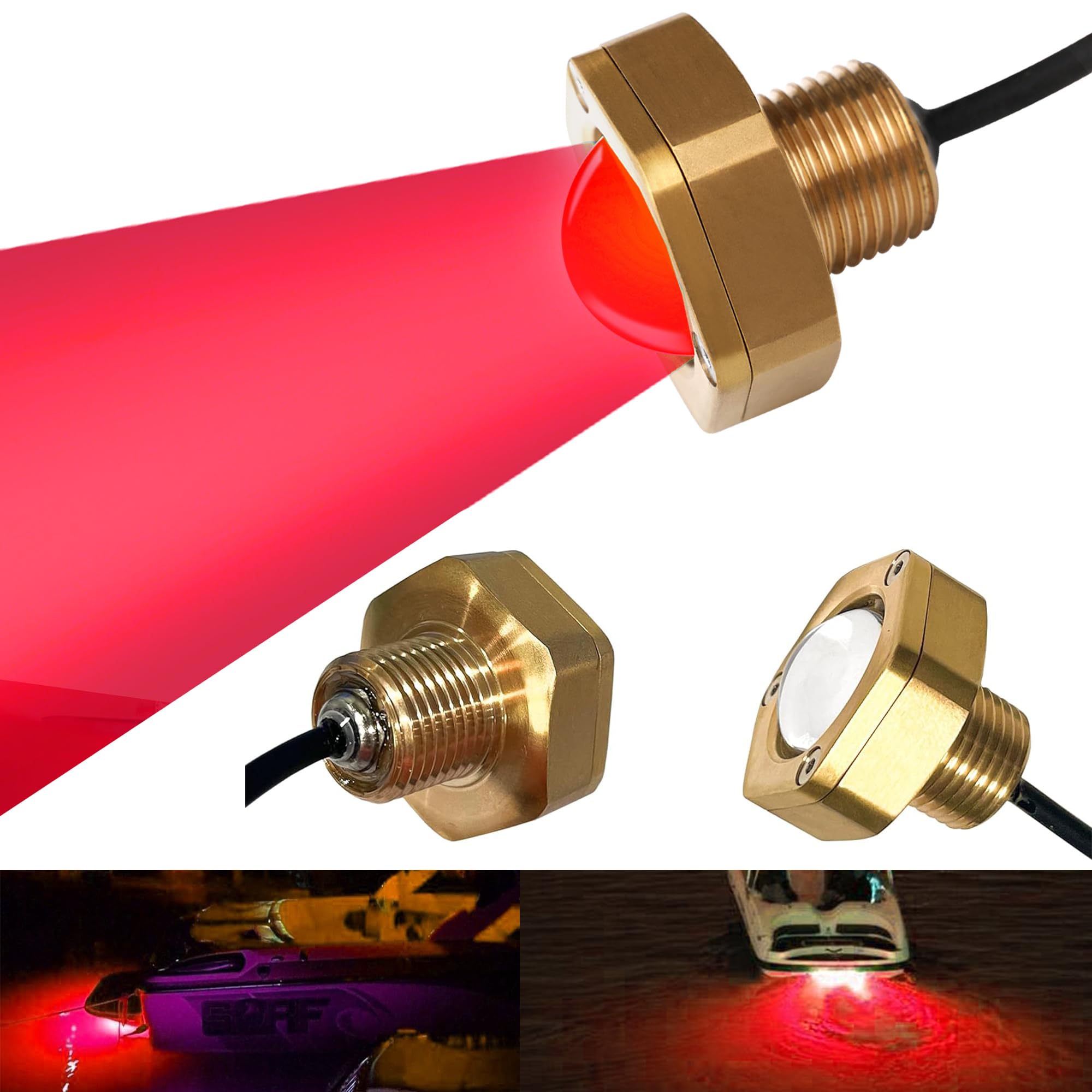 NBWDY Boat Drain Plug Light - 2 Pcs, IP68 Underwater LED, Remote Control, 4100LM, Bronze Housing, Red, Model RED2pc