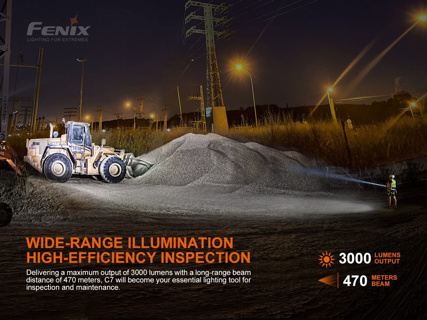 Fenix C7 Rechargeable Flashlight, 3000 Lumen, USB-C Fast Charging, Aluminum, Black, Model C7+ORG217