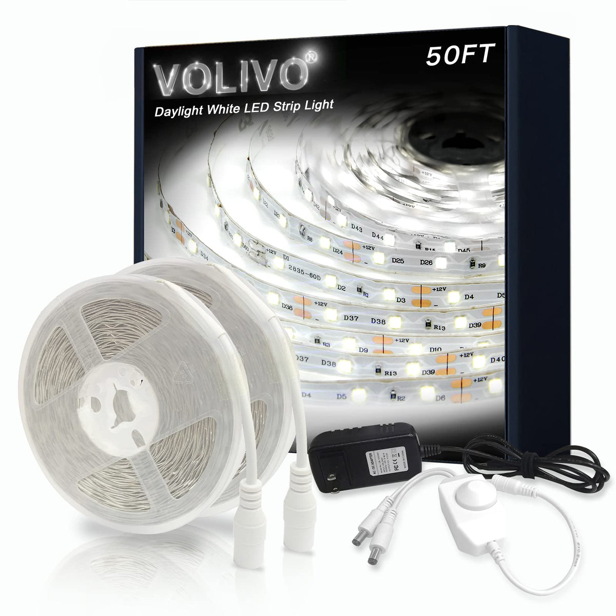 Volivo White Led Strip, 50Ft Dimmable Led Strip 6500K Bright Daylight White, Strong Adhesive, Flexible Tape Light For Mirror, Ki