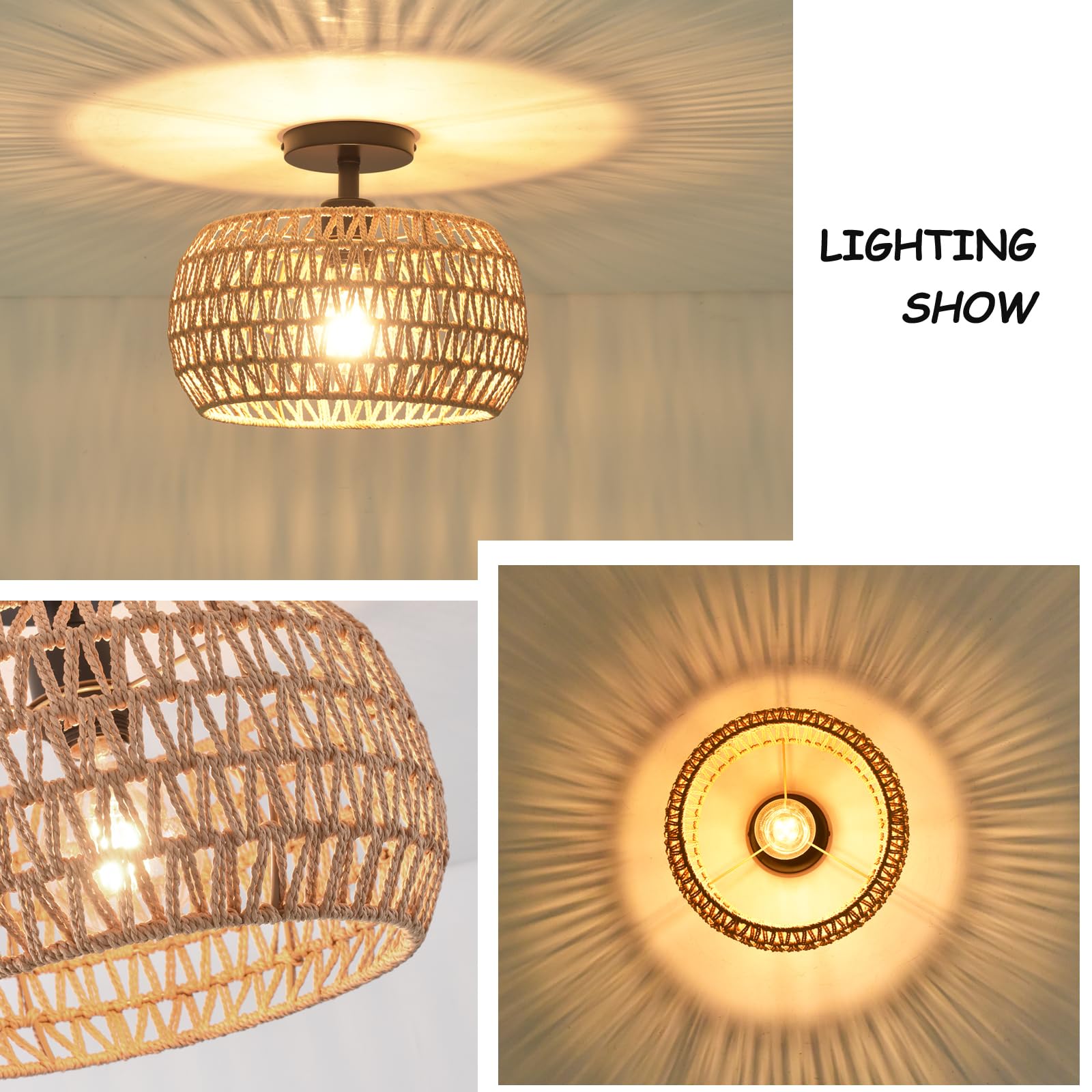 KOONTING Semi Flush Mount Ceiling Light, Hand Woven Rattan, 12.6 in Boho Shade, Brown, Model guu331