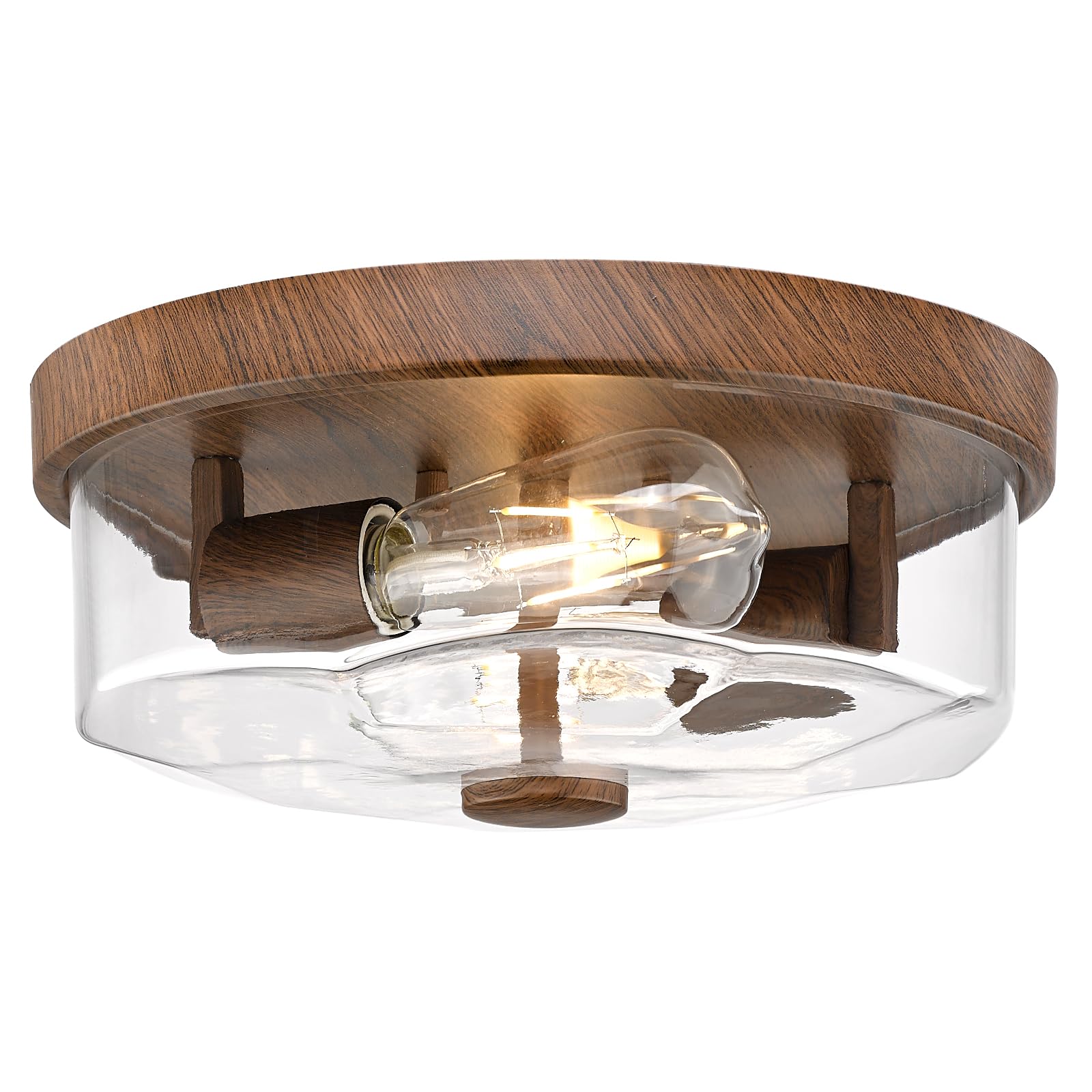 Luminzone 2-Light Flush Mount Ceiling Light, Clear Glass Shade, Wood Finish For Indoor/Outdoor