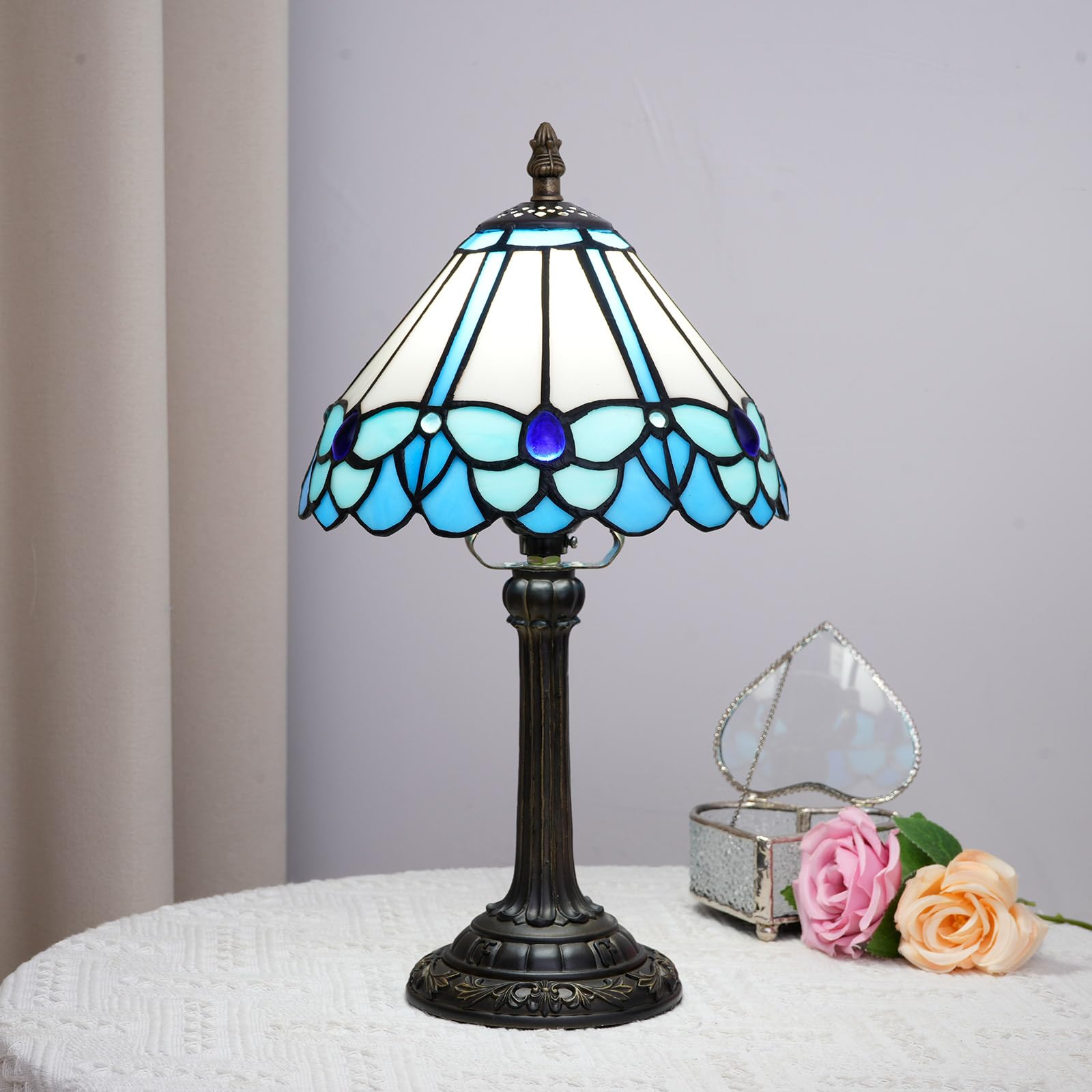TIFLRIS Tiffany Lamp Stained Glass Table Lamp Blue Butterfly Pattern Table Lamp, Cute Unique Small Bedside Nightstand Lamp, Mini