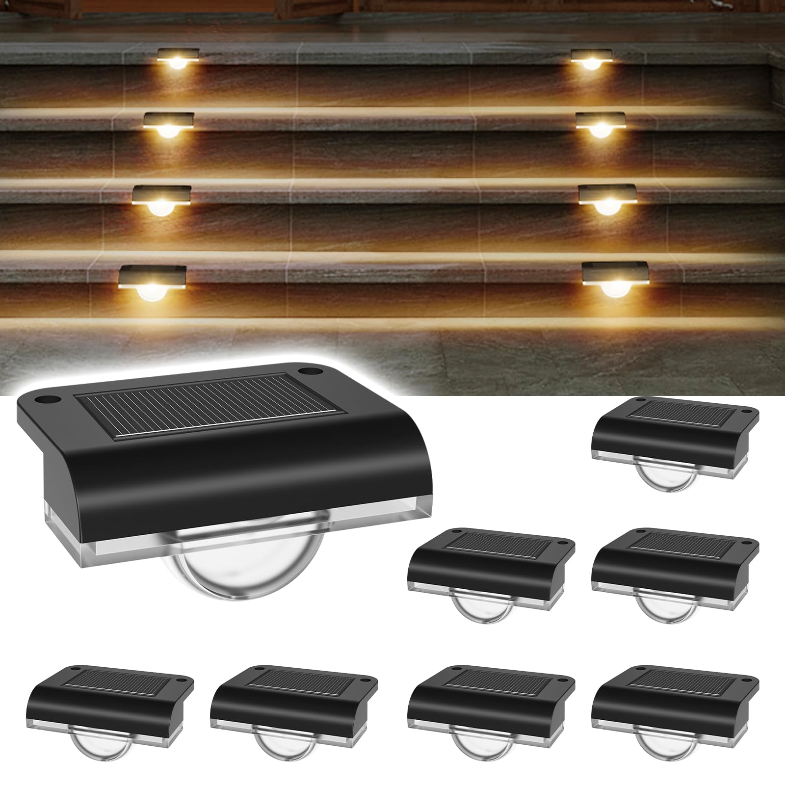 Agotd Solar Stair Lights Outdoor Waterproof  8 Pack Solar Step Lights For Outside Warm White Deck Lighting For Step  Stair  Porch  Railing  Patio  Yard  Front Door  Sidewalk  Poolside  Balcony