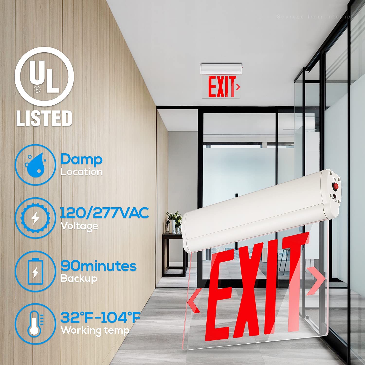 Leonlite Red Emergency Exit Sign, Ul 924, Led Edge Lit Exit Sign, Hardwired Exit Lights With Battery Backup, Double Sided, Rotat