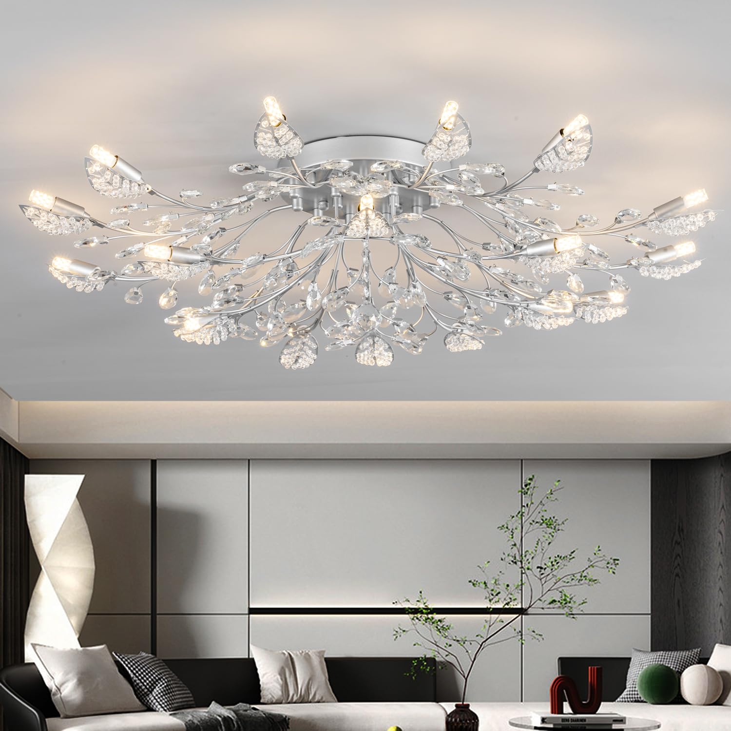 Modern Crystal Ceiling Light Fixture,Silvery Semi Flush Mount Chandeliers,Crystal Leaf Ceiling Light, Chandeliers For Dining Roo