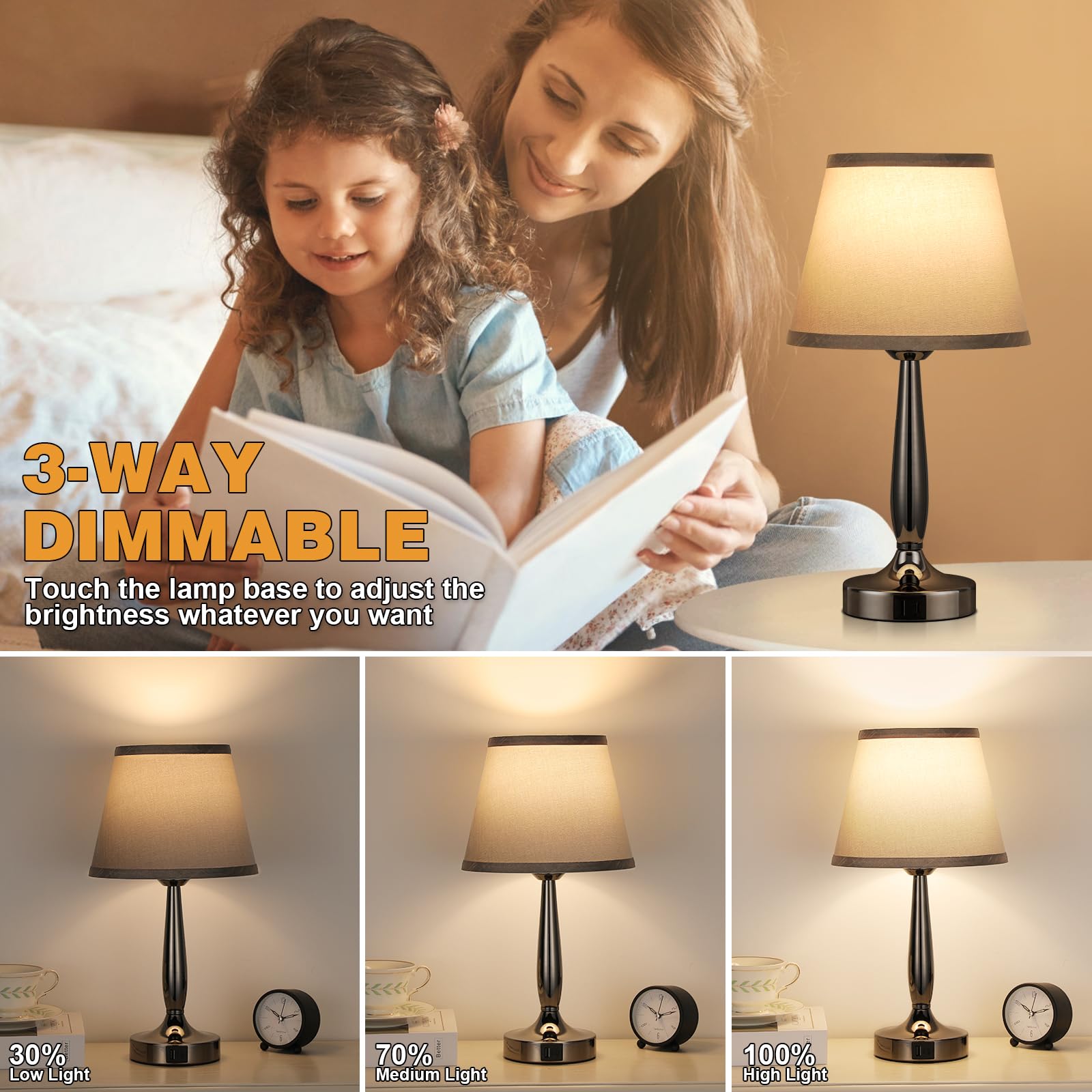 Kakanuo Touch Table Lamp - 3 Way Dimmable, USB C Charging, Metal, A-Gray, LED Bulb Included for Bedroom, Living Room, Office