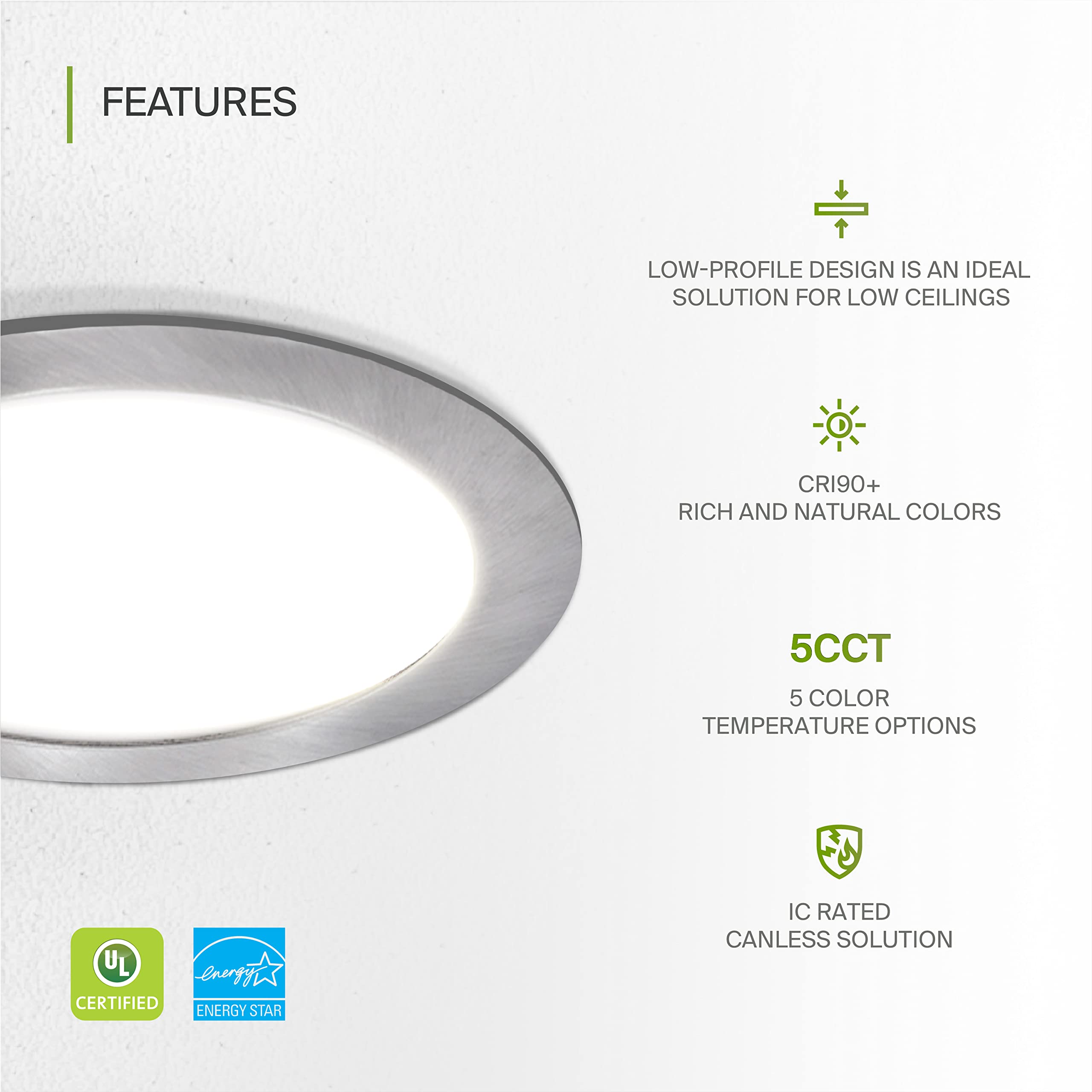ASD 6 Inch LED Recessed Light, Dimmable Ultra Thin Ceiling Light, Brushed Nickel, Model A-JBR-6D15AC-NK, 2700K-500