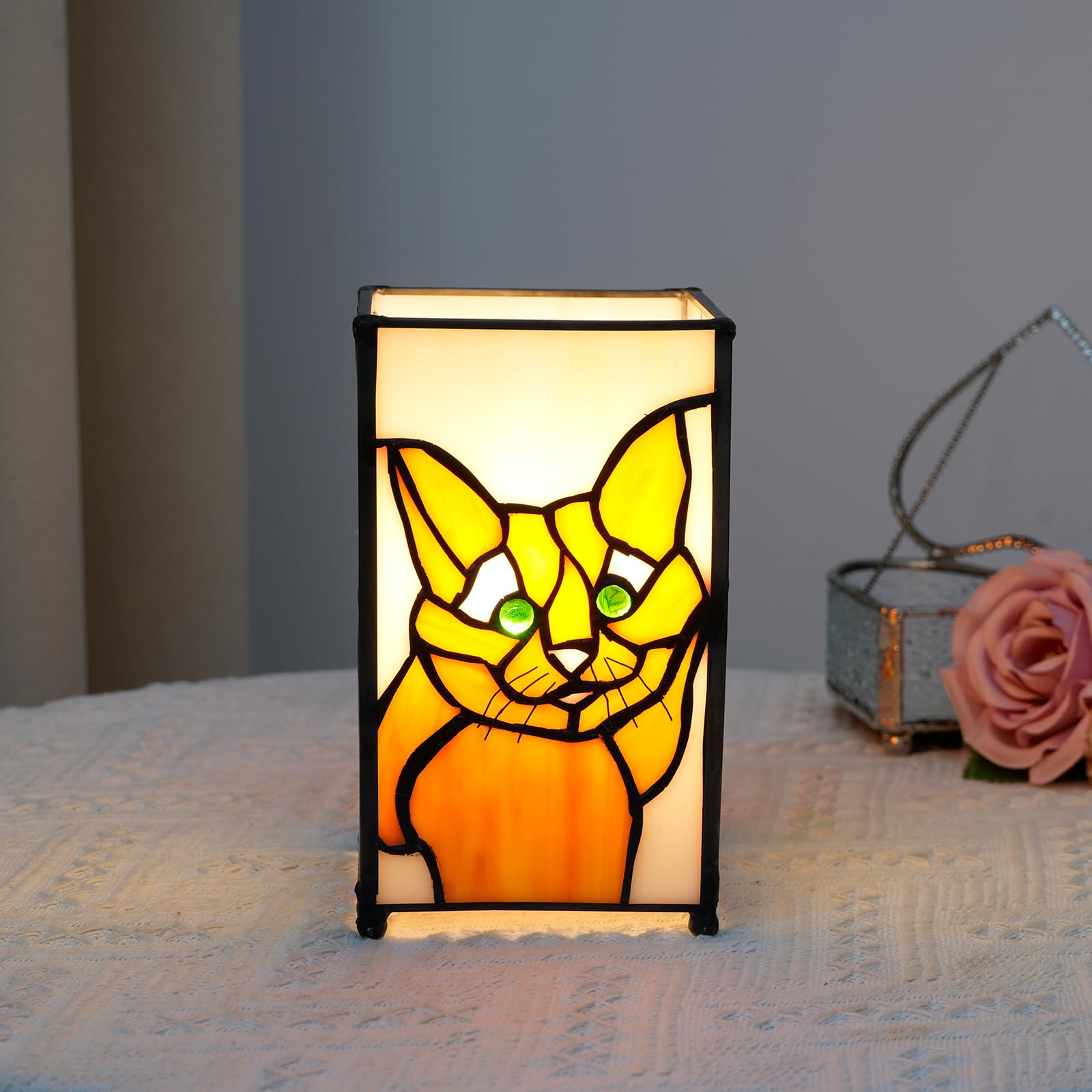 Kiphepi Tiffany Lamp Stained Glass Lamp Small Bedside Table Lamps For Living Room Home Decor Girls Women Birthday Christmas Thanksgiving Day Gift Cat