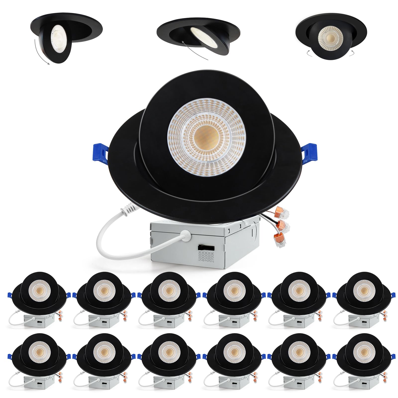 Adetu Recessed Lighting 6 inch, 360+90 Adjustable Directional 6 inch 5CCT Gimbal Black Led Recessed Lighting, 2700K-5000K Dimmab