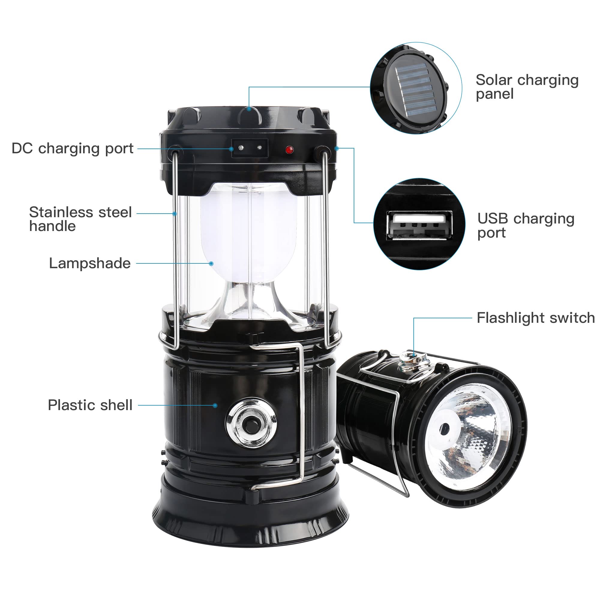 2 Pack LED Camping Lantern Solar Lantern, Collapsible Solar Camping Lights, Rechargeable Flashlights Portable Survival Light for